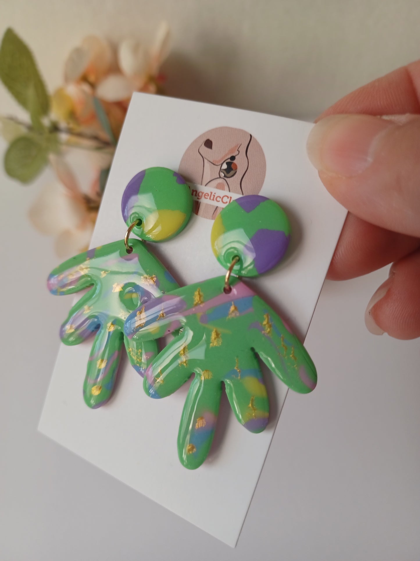 Handmade Polymer Clay Statement Earrings – Green Abstract with Gold Foil