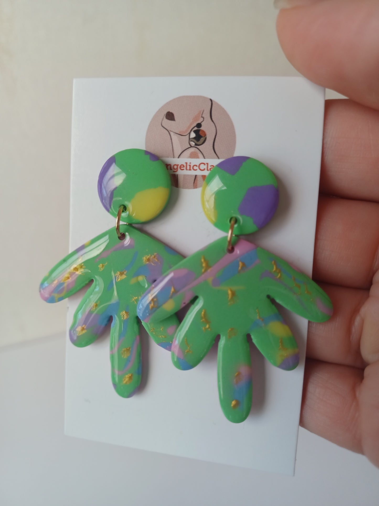 Handmade Polymer Clay Statement Earrings – Green Abstract with Gold Foil
