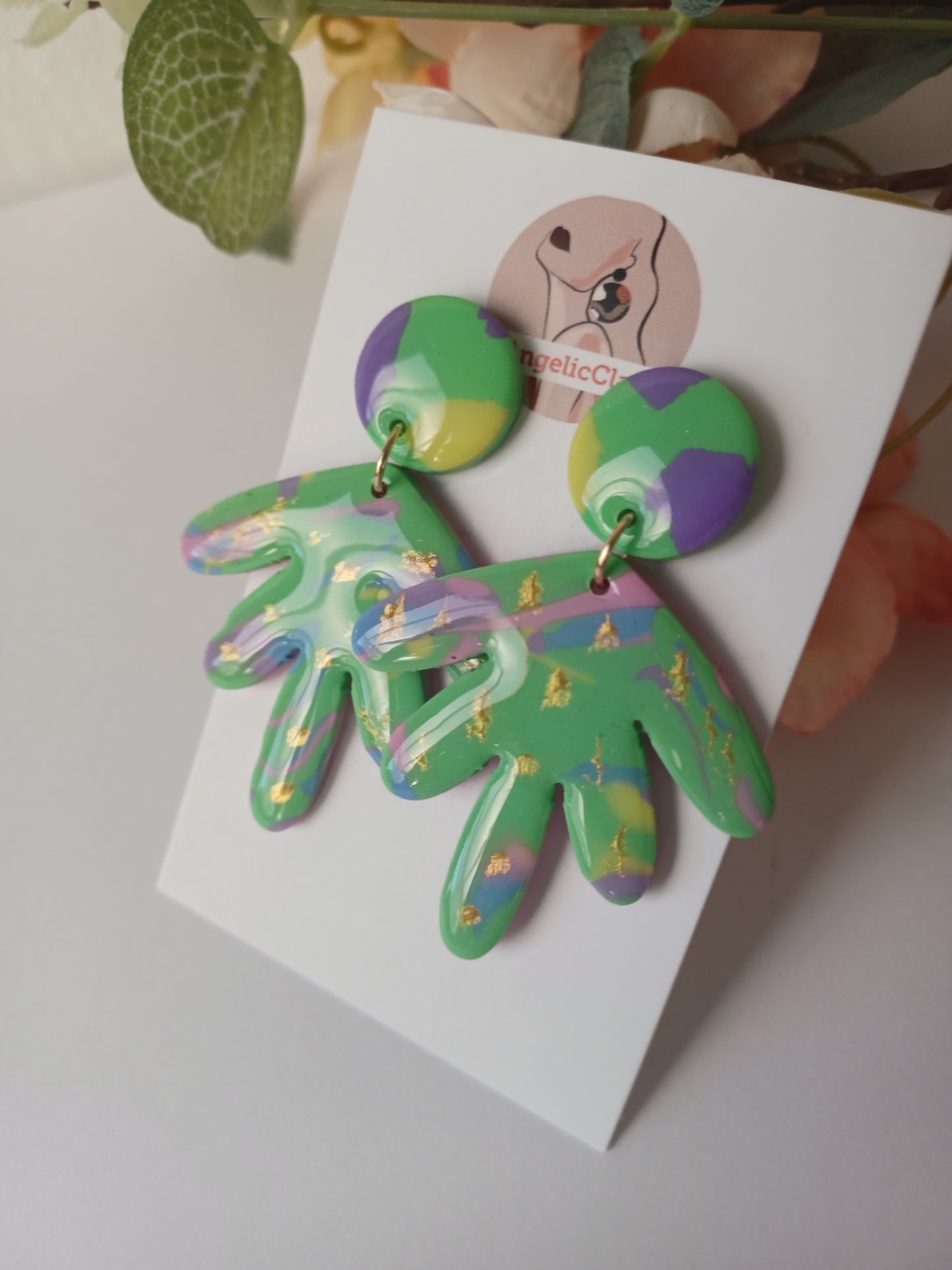 Handmade Polymer Clay Statement Earrings – Green Abstract with Gold Foil