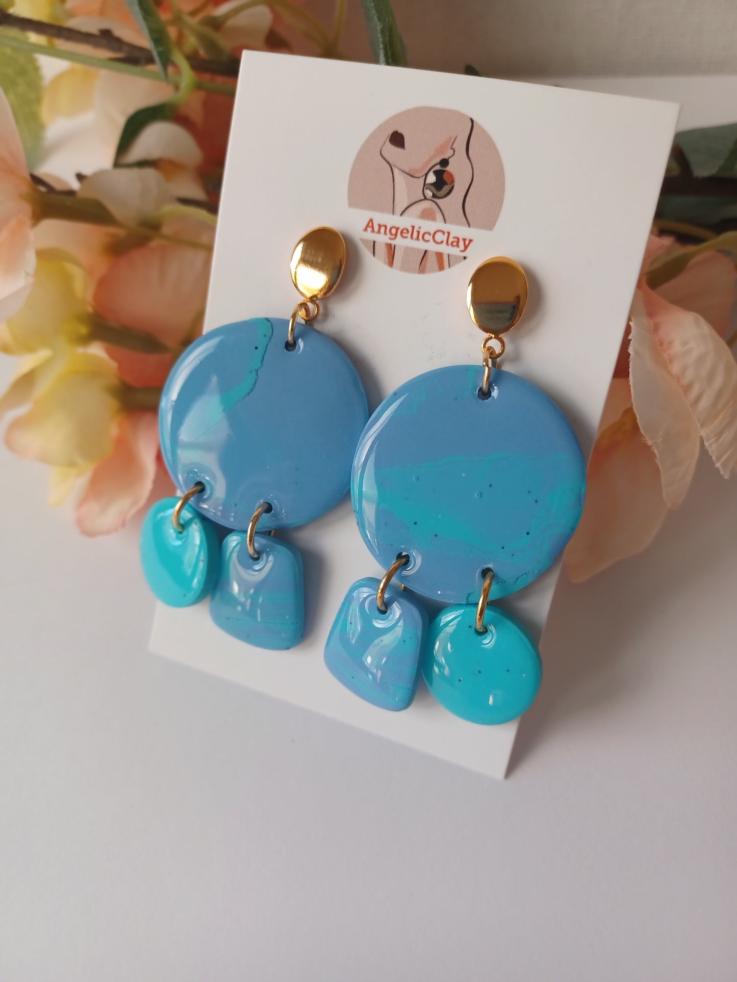Blue & Turquoise Polymer Clay Earrings – Gold Posts, Handmade Statement, Ocean Blue