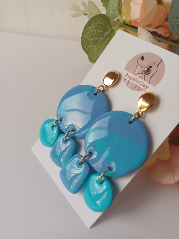 Blue & Turquoise Polymer Clay Earrings – Gold Posts, Handmade Statement, Ocean Blue