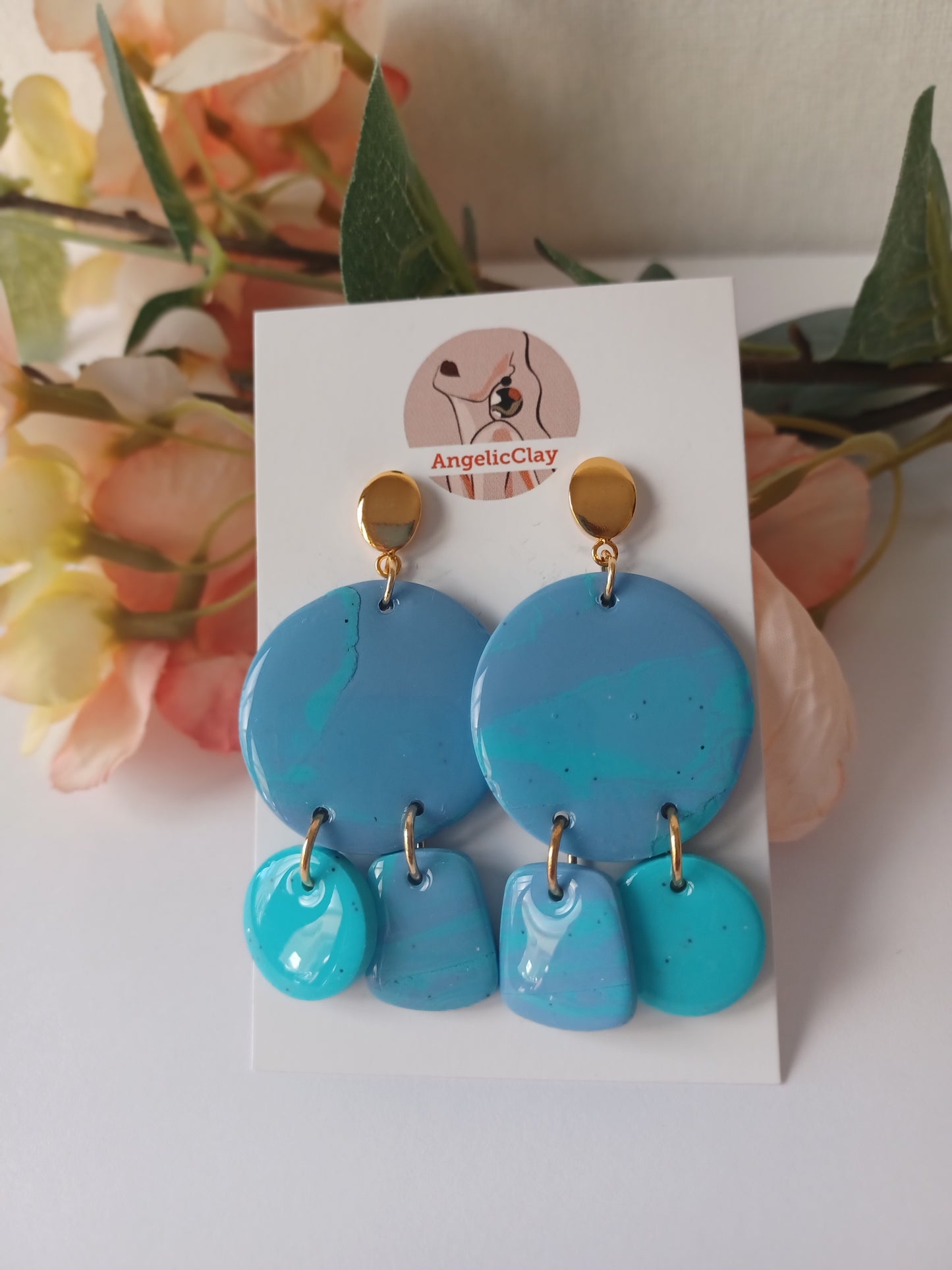Blue & Turquoise Polymer Clay Earrings – Gold Posts, Handmade Statement, Ocean Blue