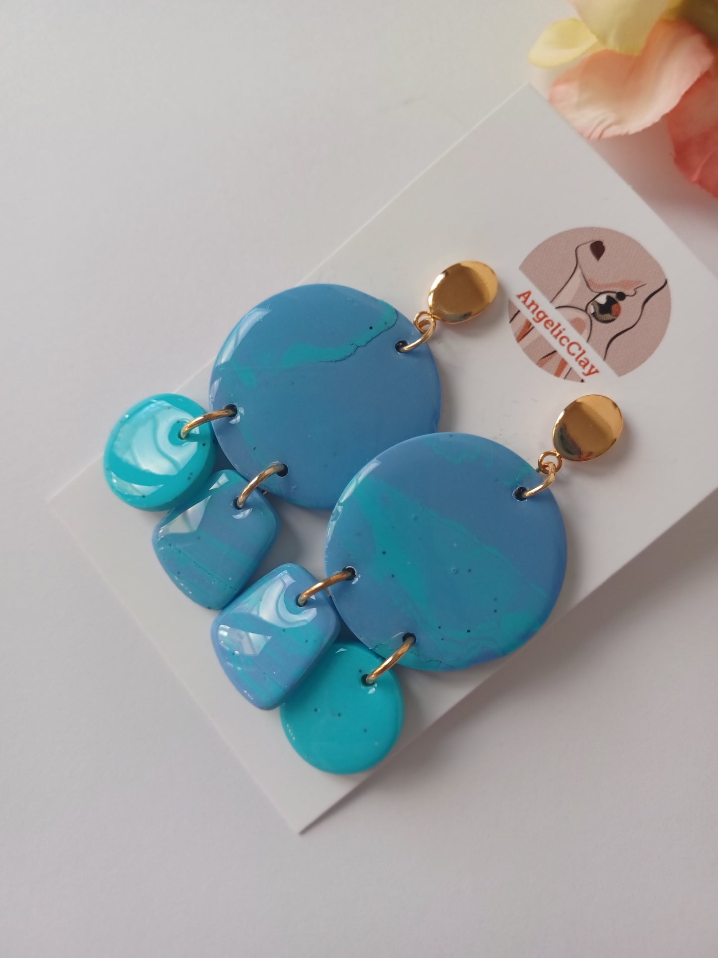 Blue & Turquoise Polymer Clay Earrings – Gold Posts, Handmade Statement, Ocean Blue