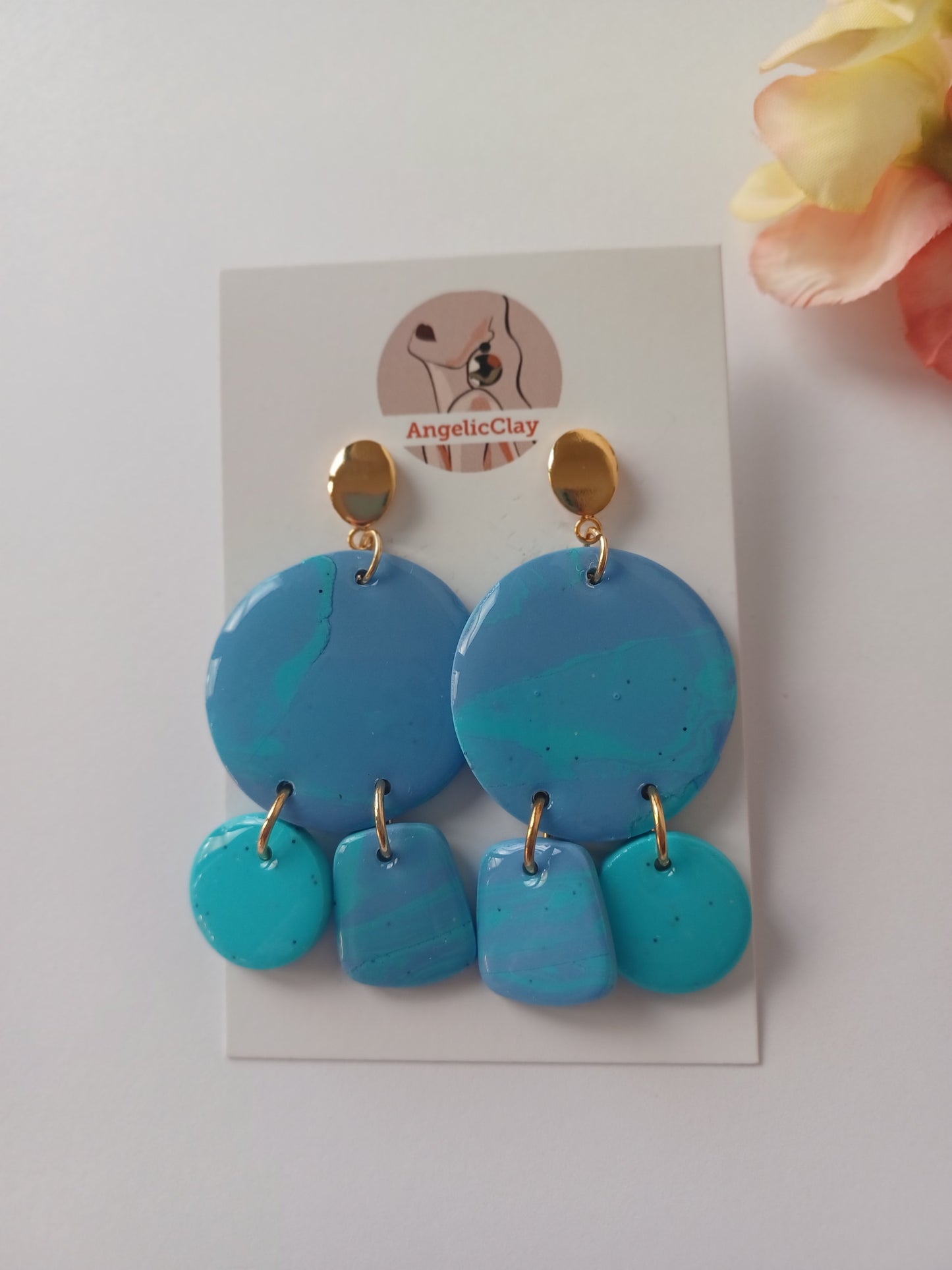 Blue & Turquoise Polymer Clay Earrings – Gold Posts, Handmade Statement, Ocean Blue