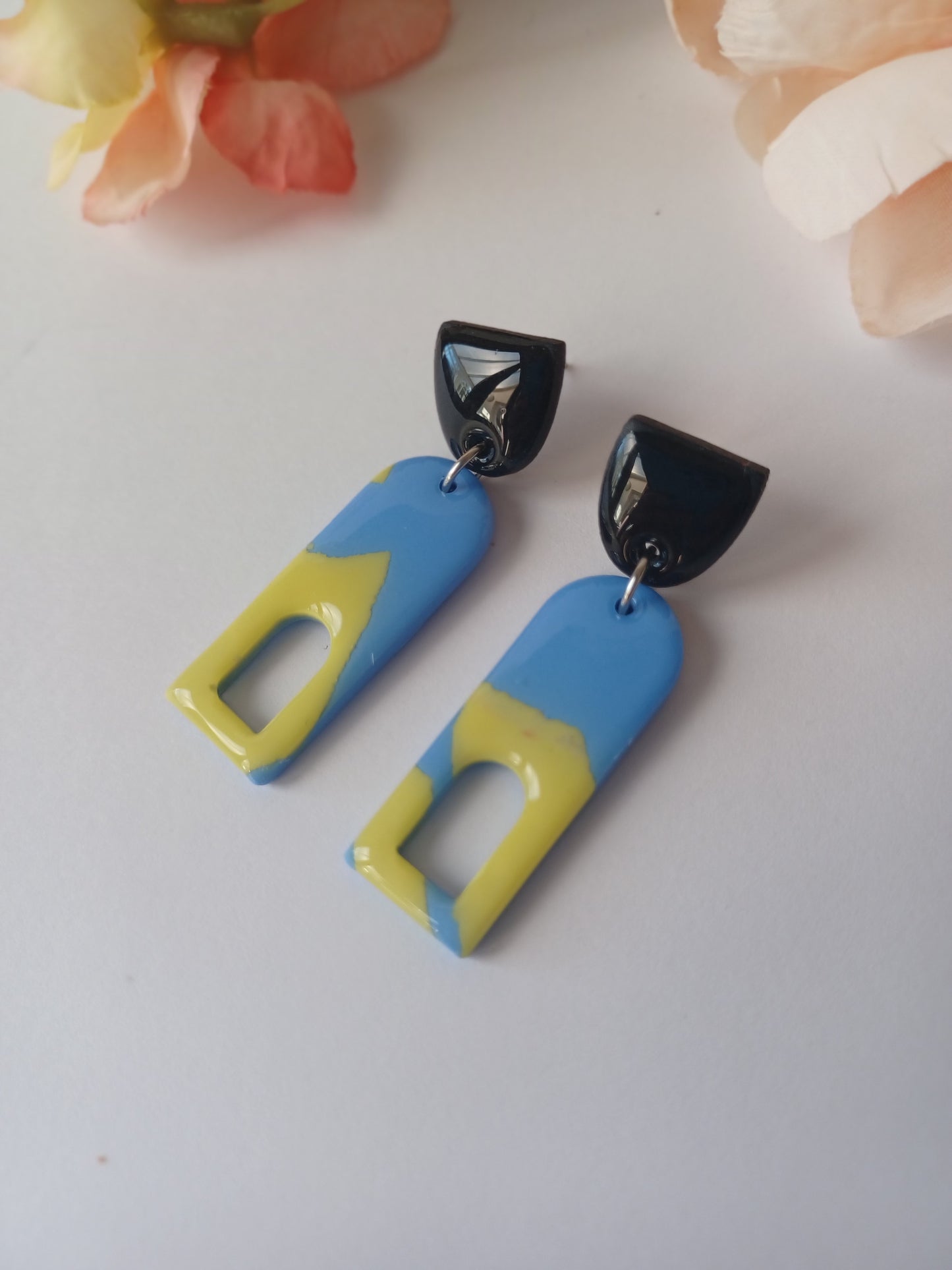 Handmade Geometric Polymer Clay Earrings – Blue, Yellow & Black