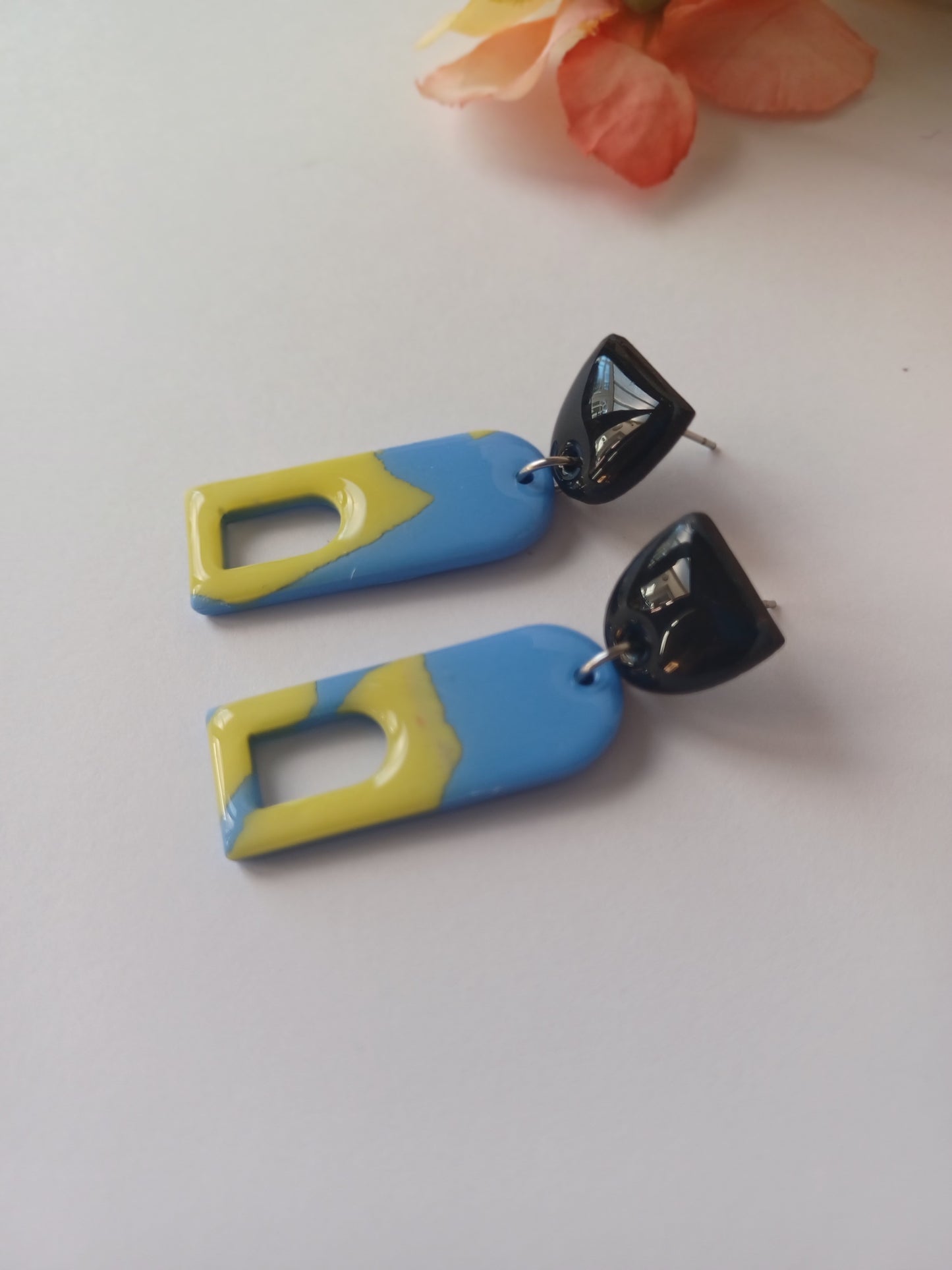 Handmade Geometric Polymer Clay Earrings – Blue, Yellow & Black