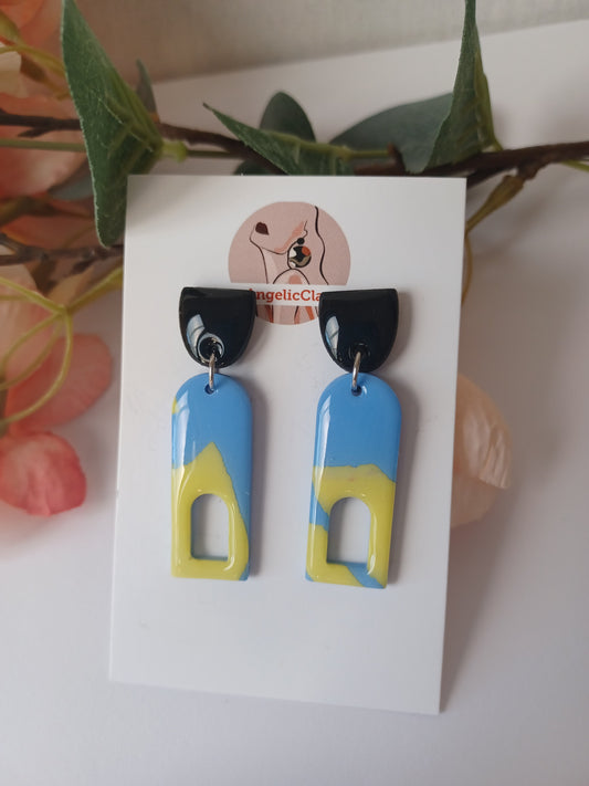 Handmade Geometric Polymer Clay Earrings – Blue, Yellow & Black