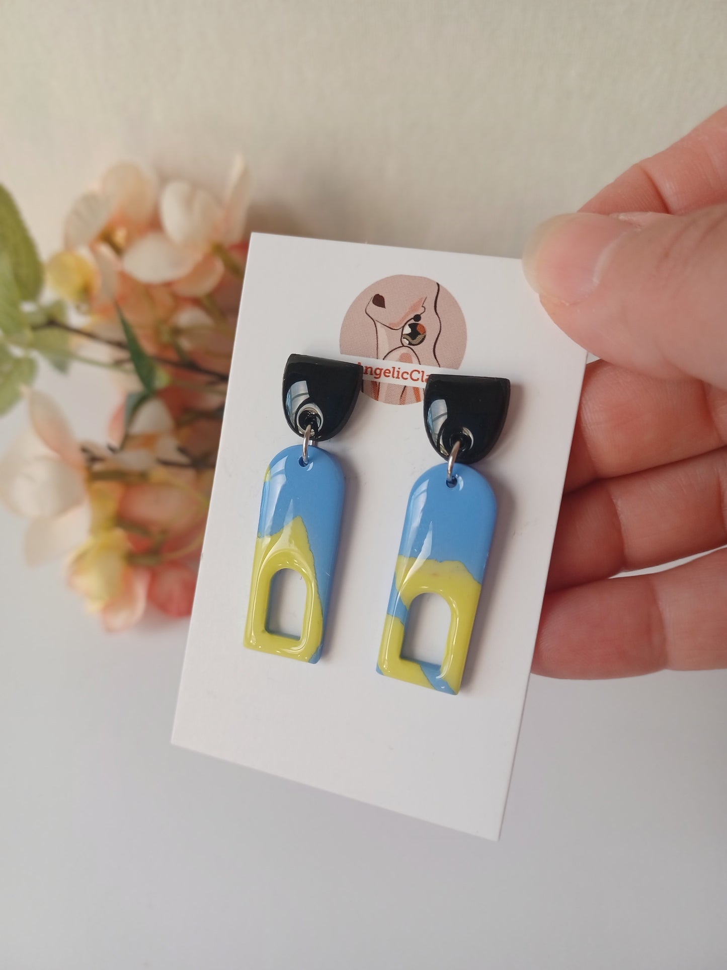 Handmade Geometric Polymer Clay Earrings – Blue, Yellow & Black