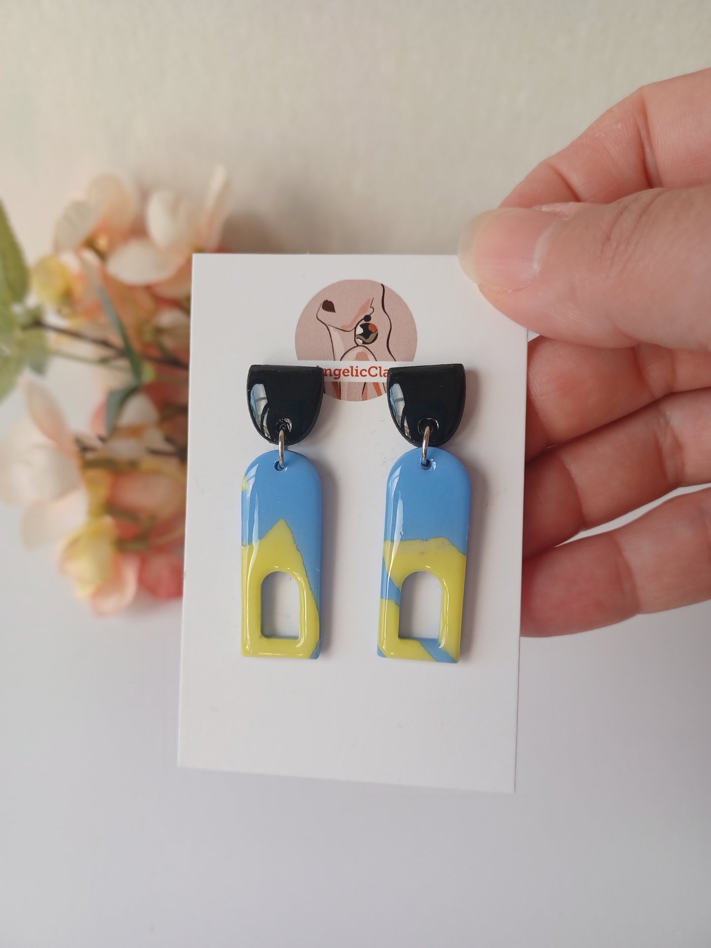 Handmade Geometric Polymer Clay Earrings – Blue, Yellow & Black