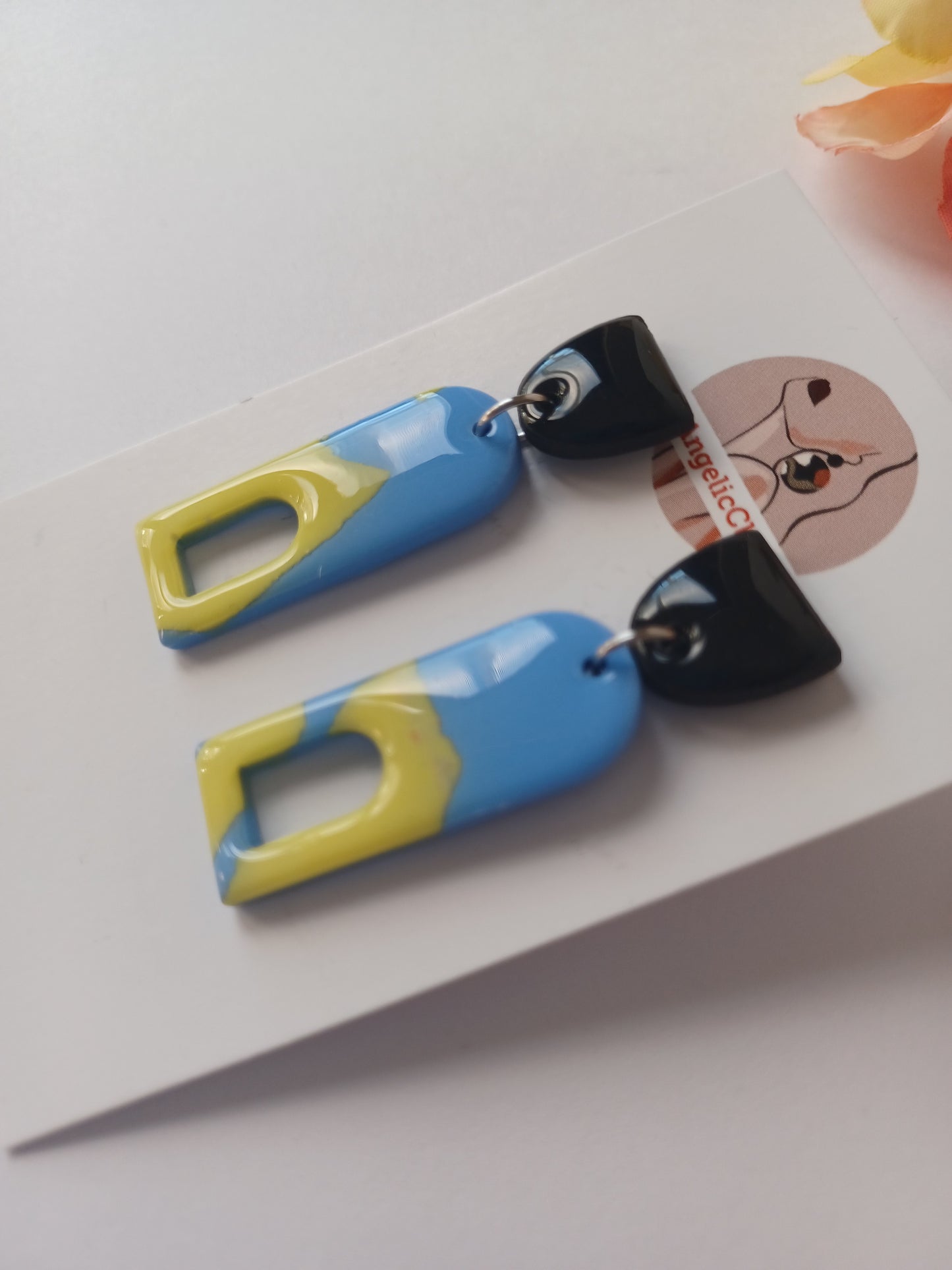 Handmade Geometric Polymer Clay Earrings – Blue, Yellow & Black