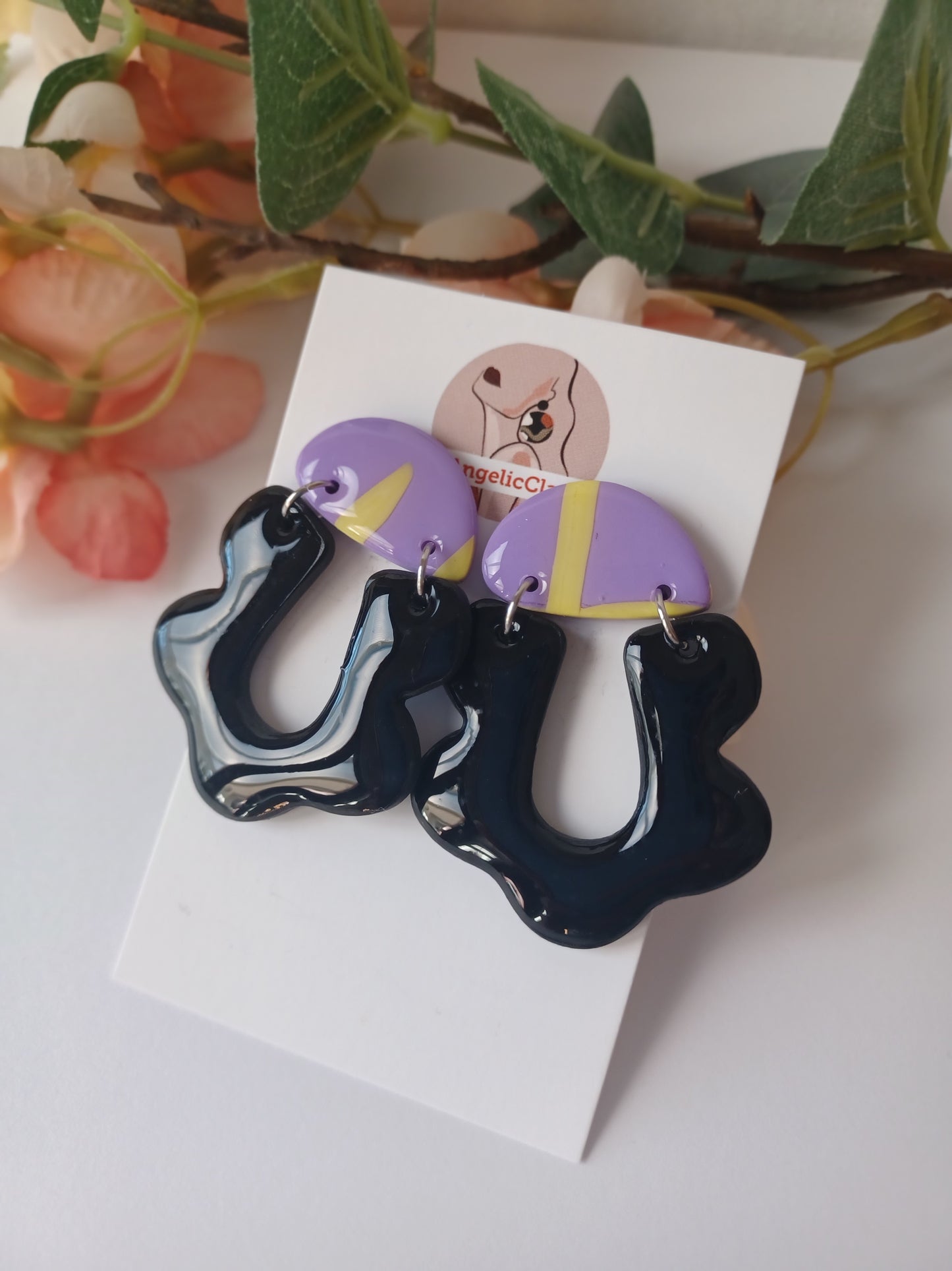 Lilac & Yellow Polymer Clay Earrings with Black Organic Drops – Handmade Statement