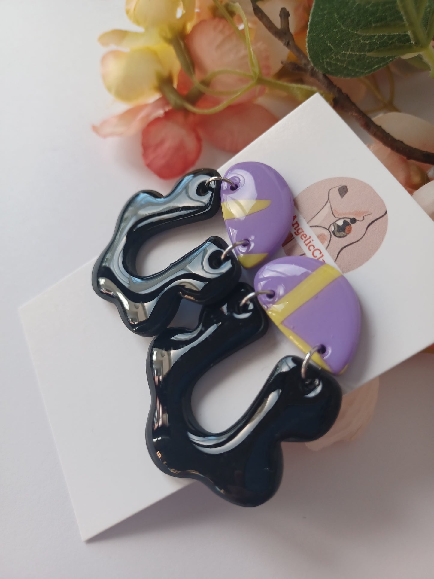 Lilac & Yellow Polymer Clay Earrings with Black Organic Drops – Handmade Statement