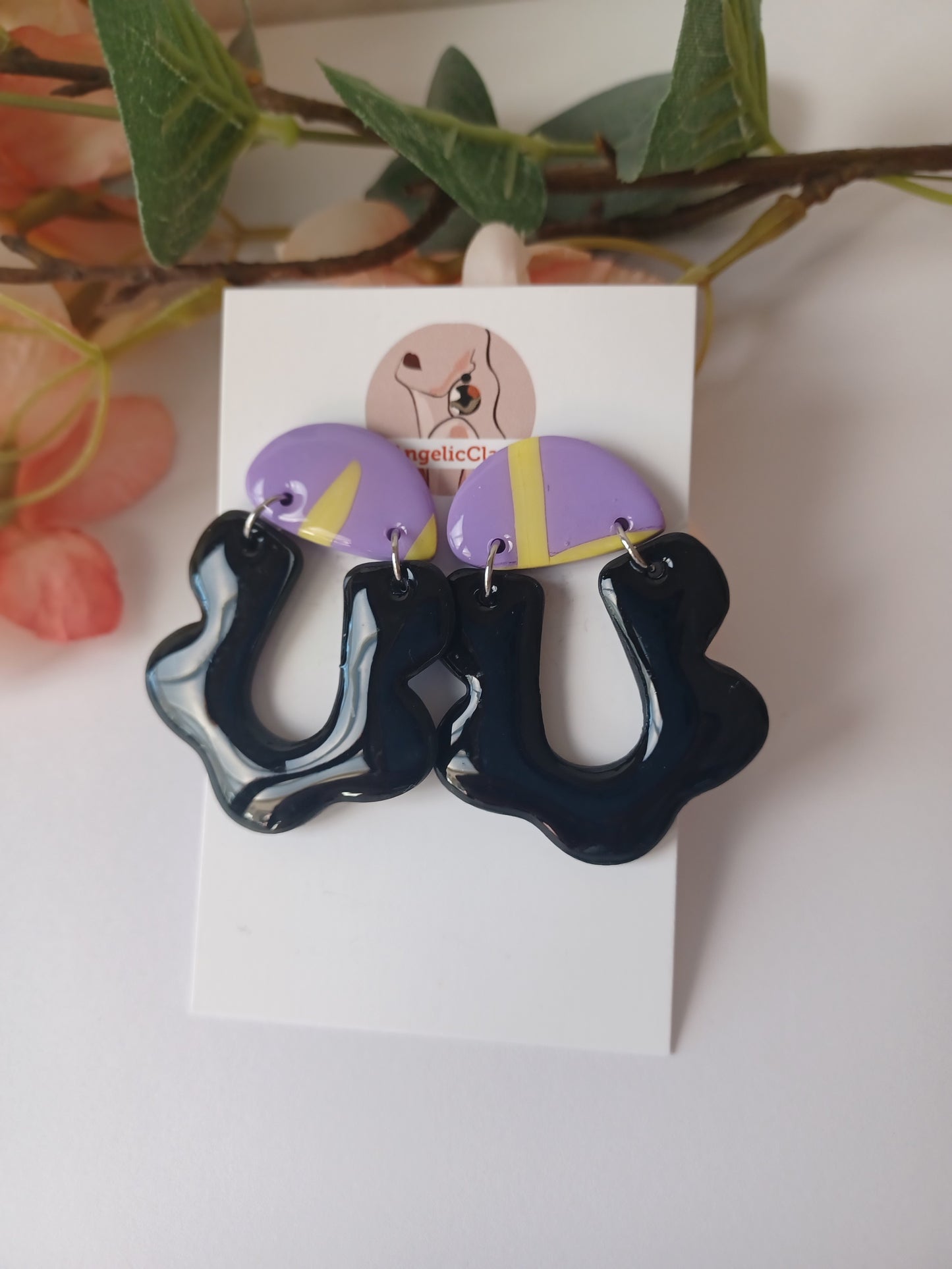 Lilac & Yellow Polymer Clay Earrings with Black Organic Drops – Handmade Statement