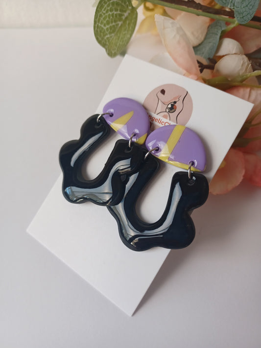 Lilac & Yellow Polymer Clay Earrings with Black Organic Drops – Handmade Statement