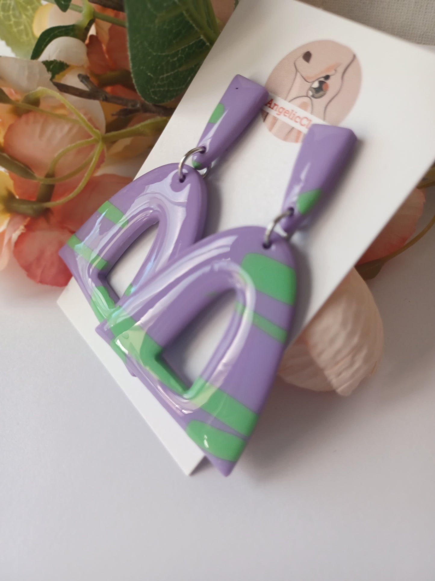 Glossy Lilac Arch Earrings with Green Accents – Resin Coated, Hypoallergenic