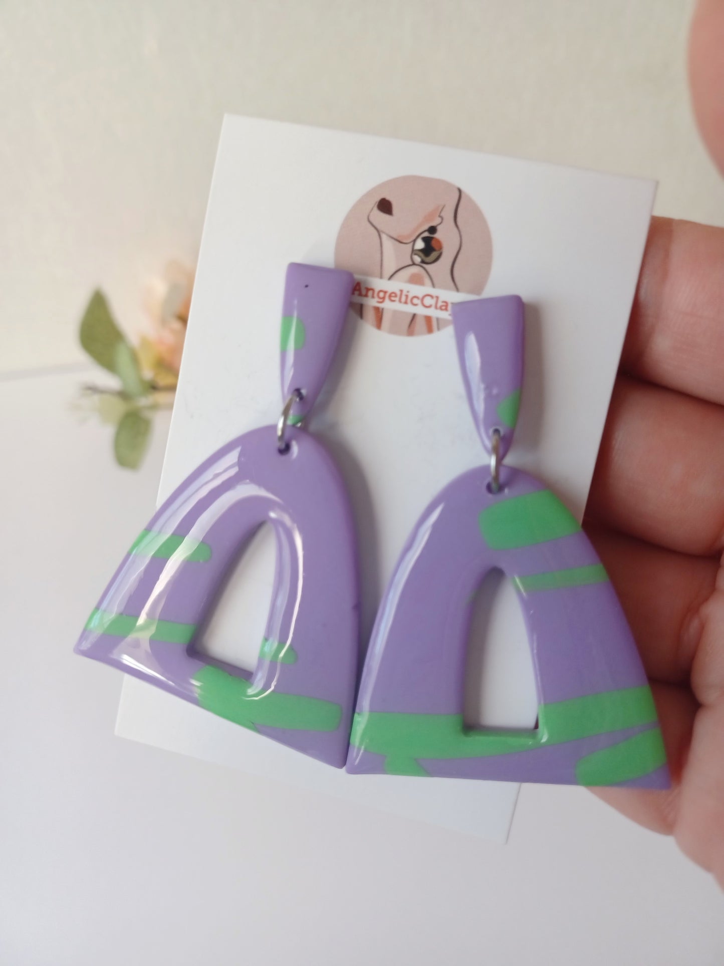 Glossy Lilac Arch Earrings with Green Accents – Resin Coated, Hypoallergenic