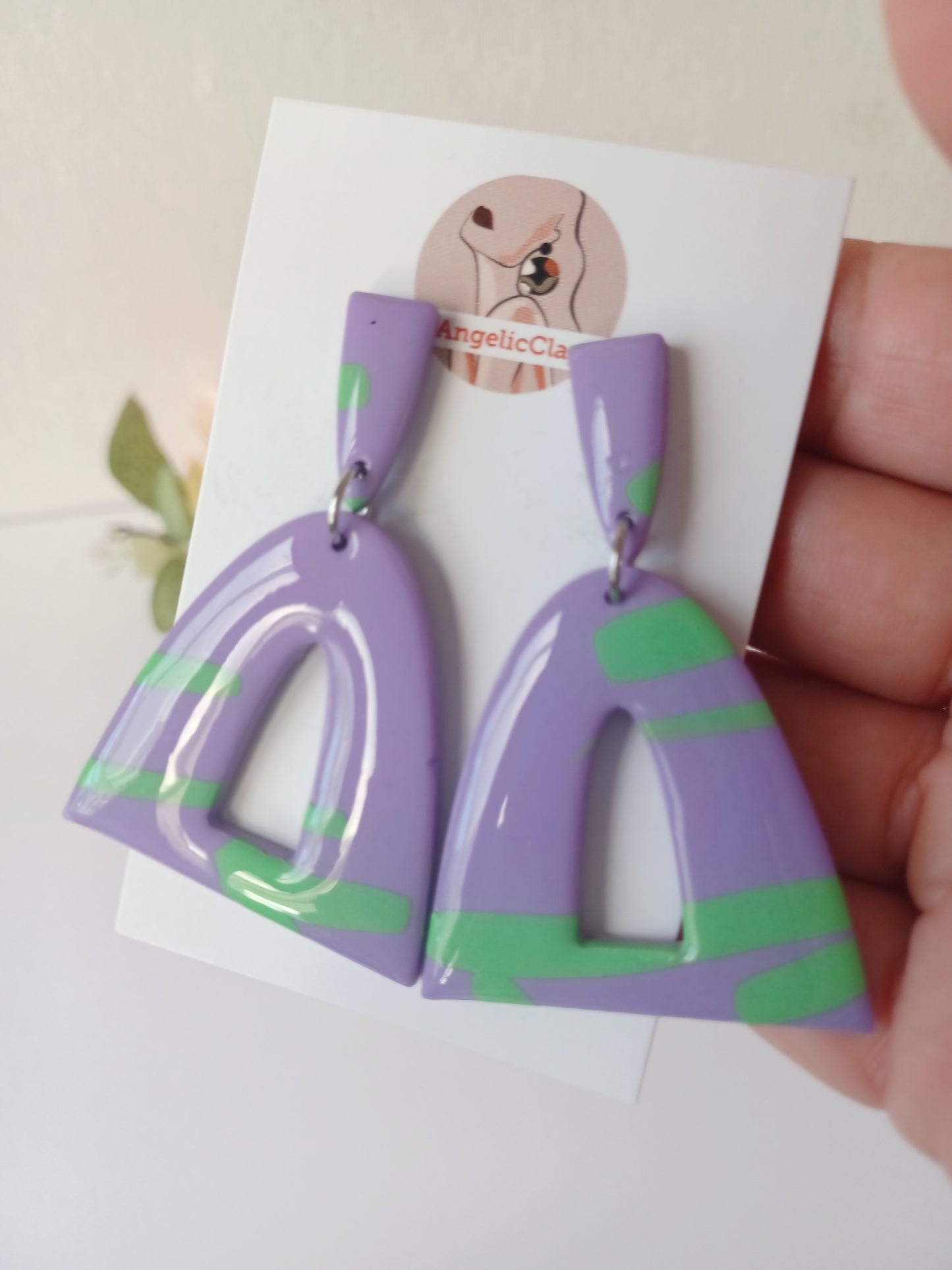 Glossy Lilac Arch Earrings with Green Accents – Resin Coated, Hypoallergenic