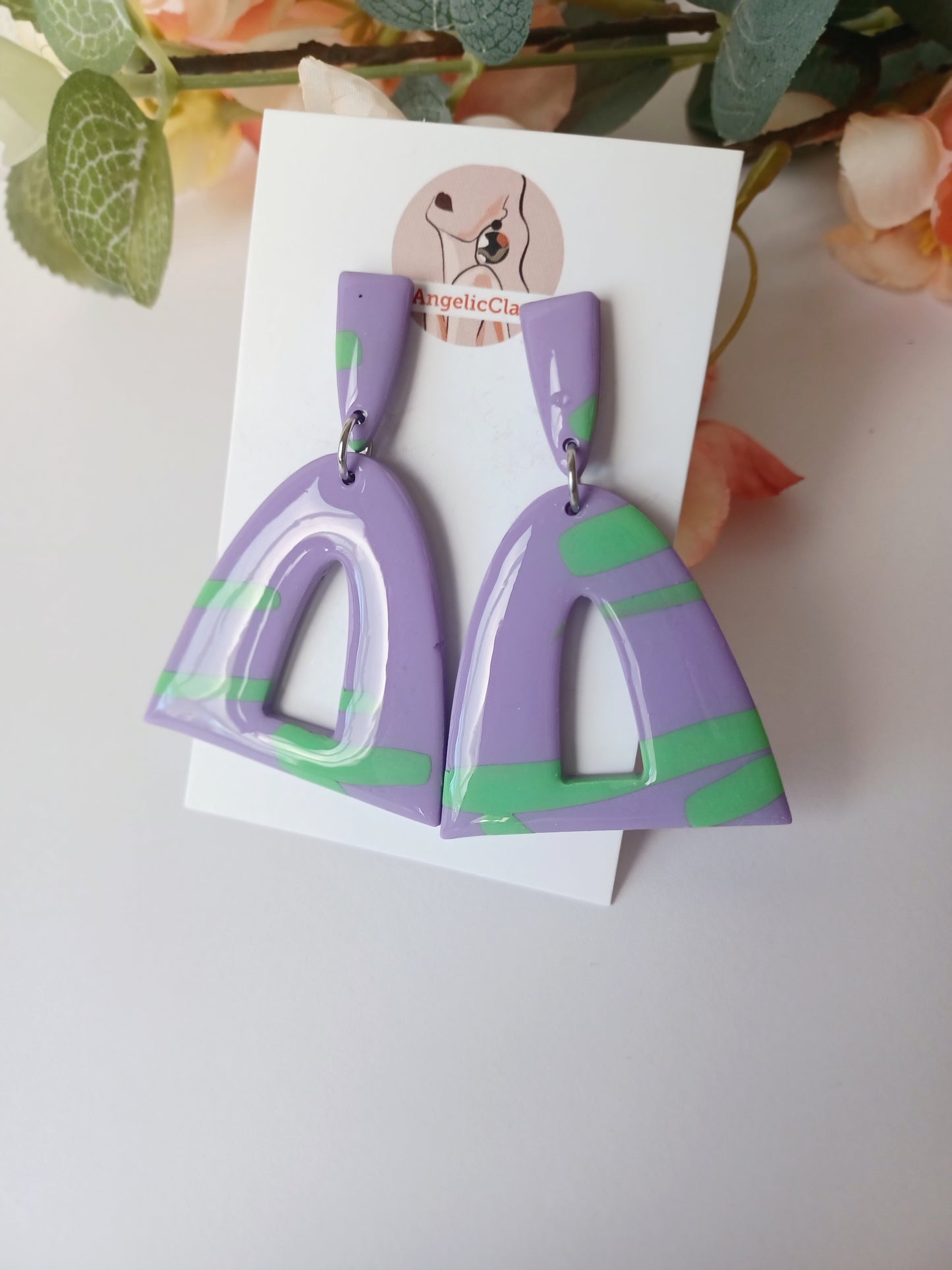 Glossy Lilac Arch Earrings with Green Accents – Resin Coated, Hypoallergenic