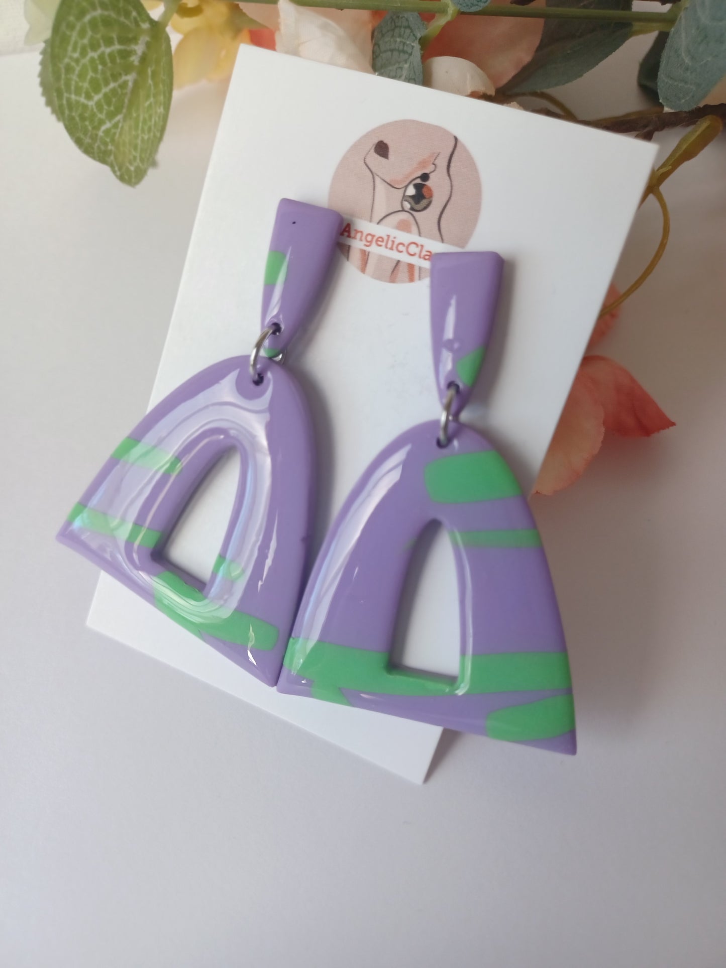 Glossy Lilac Arch Earrings with Green Accents – Resin Coated, Hypoallergenic