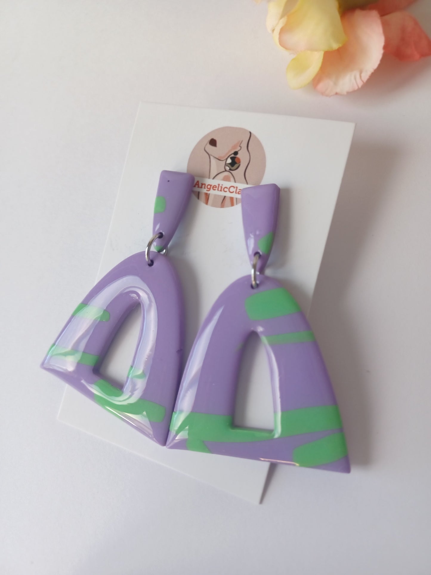 Glossy Lilac Arch Earrings with Green Accents – Resin Coated, Hypoallergenic