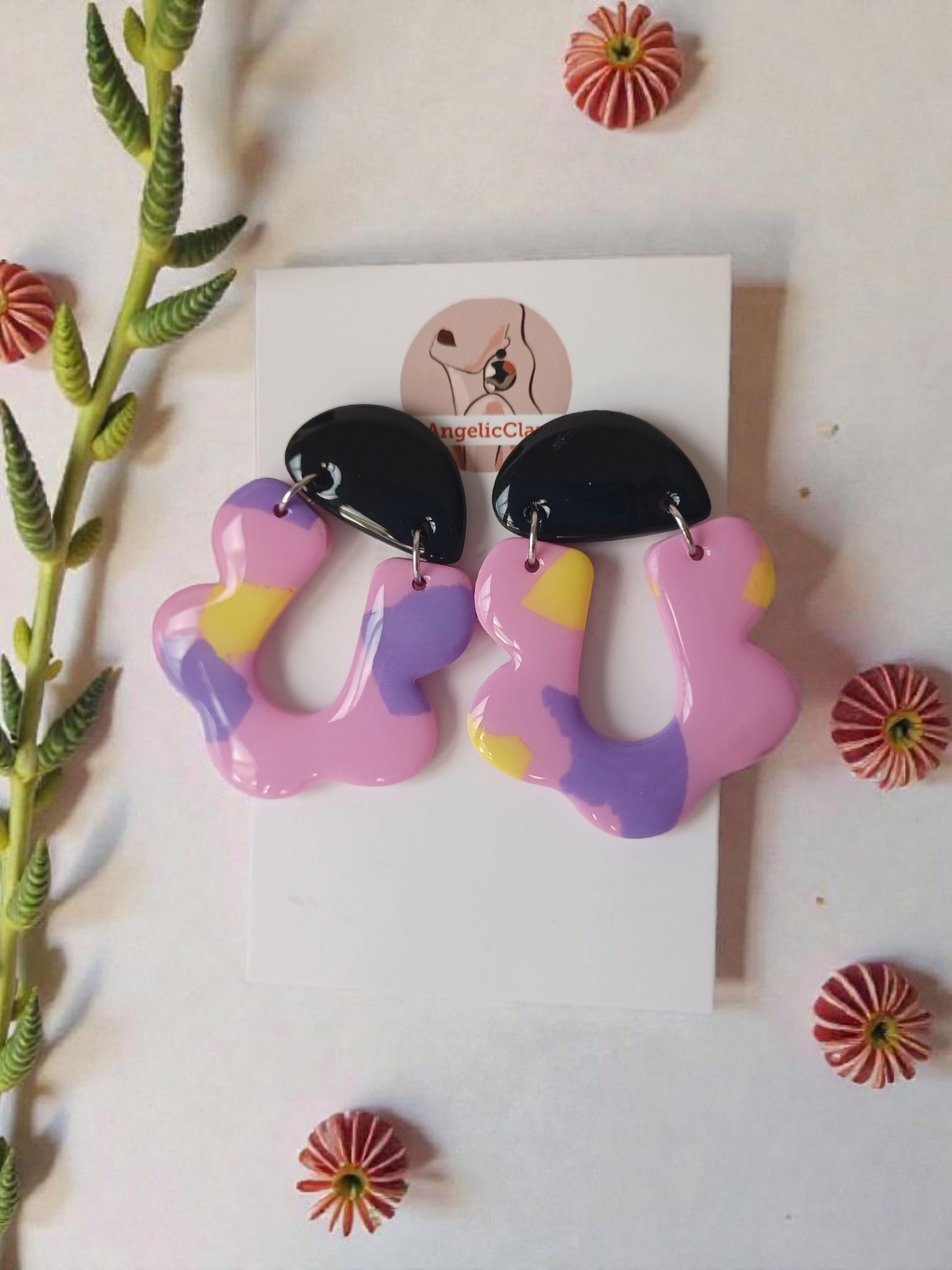 Handmade Polymer Clay Earrings | Black & Pastel Organic Abstract Dangles | Resin Statement Jewelry