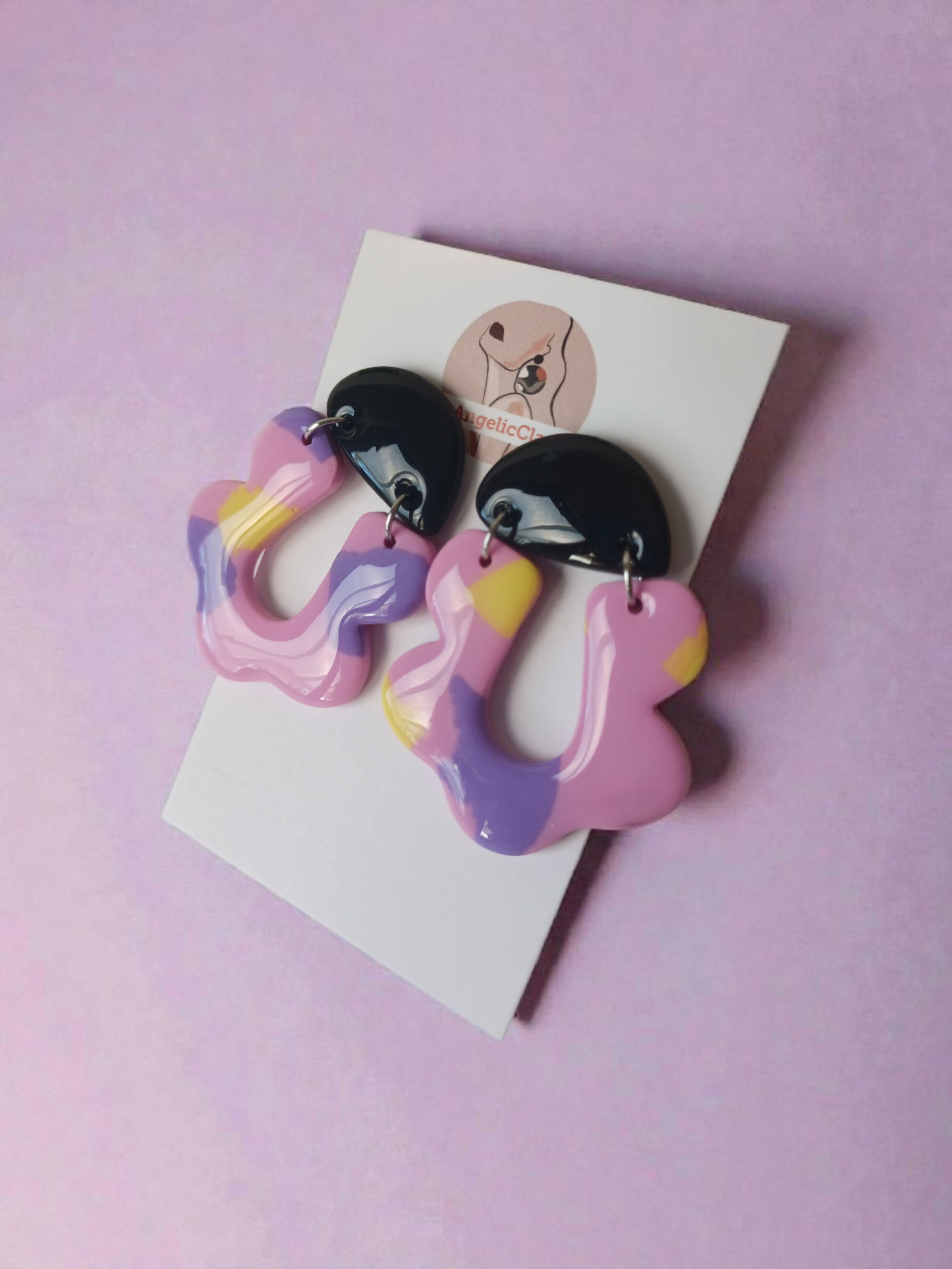 Handmade Polymer Clay Earrings | Black & Pastel Organic Abstract Dangles | Resin Statement Jewelry