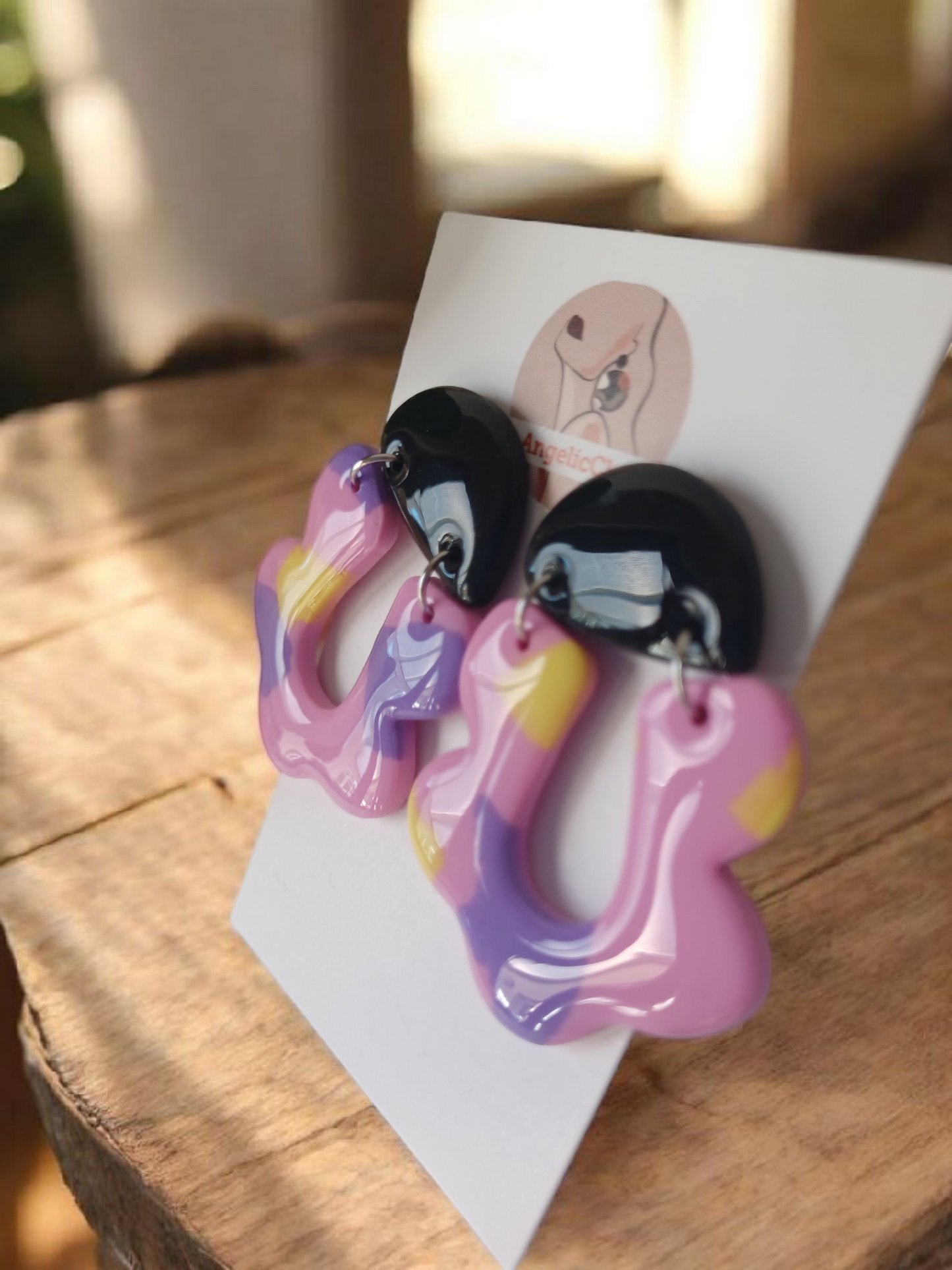 Handmade Polymer Clay Earrings | Black & Pastel Organic Abstract Dangles | Resin Statement Jewelry