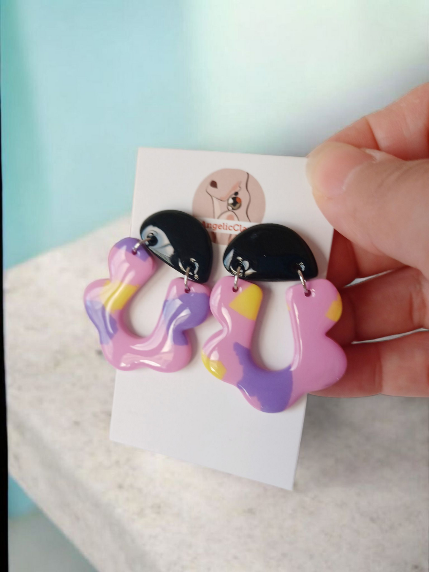 Handmade Polymer Clay Earrings | Black & Pastel Organic Abstract Dangles | Resin Statement Jewelry