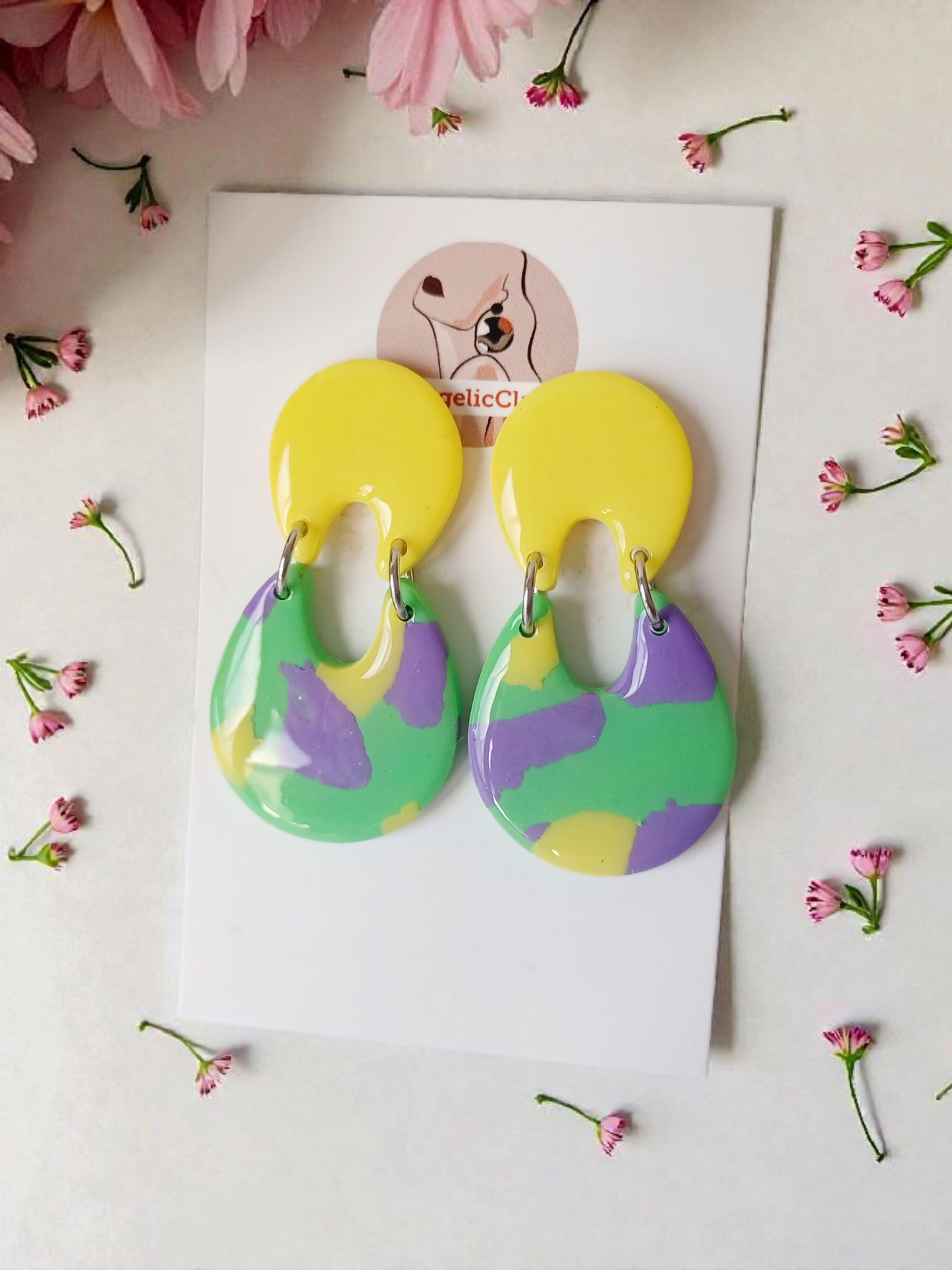 Handmade Polymer Clay Earrings | Yellow Pastel Marbled Oval