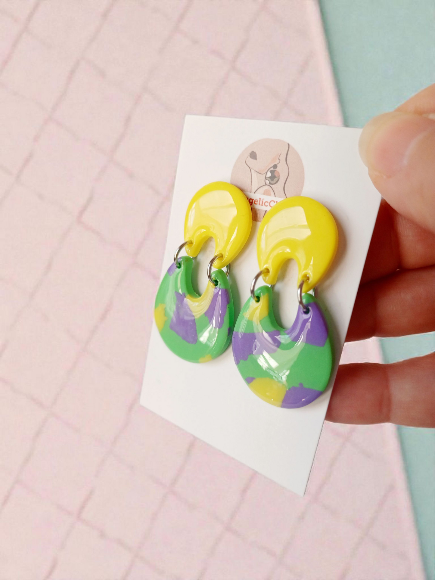Handmade Polymer Clay Earrings | Yellow Pastel Marbled Oval