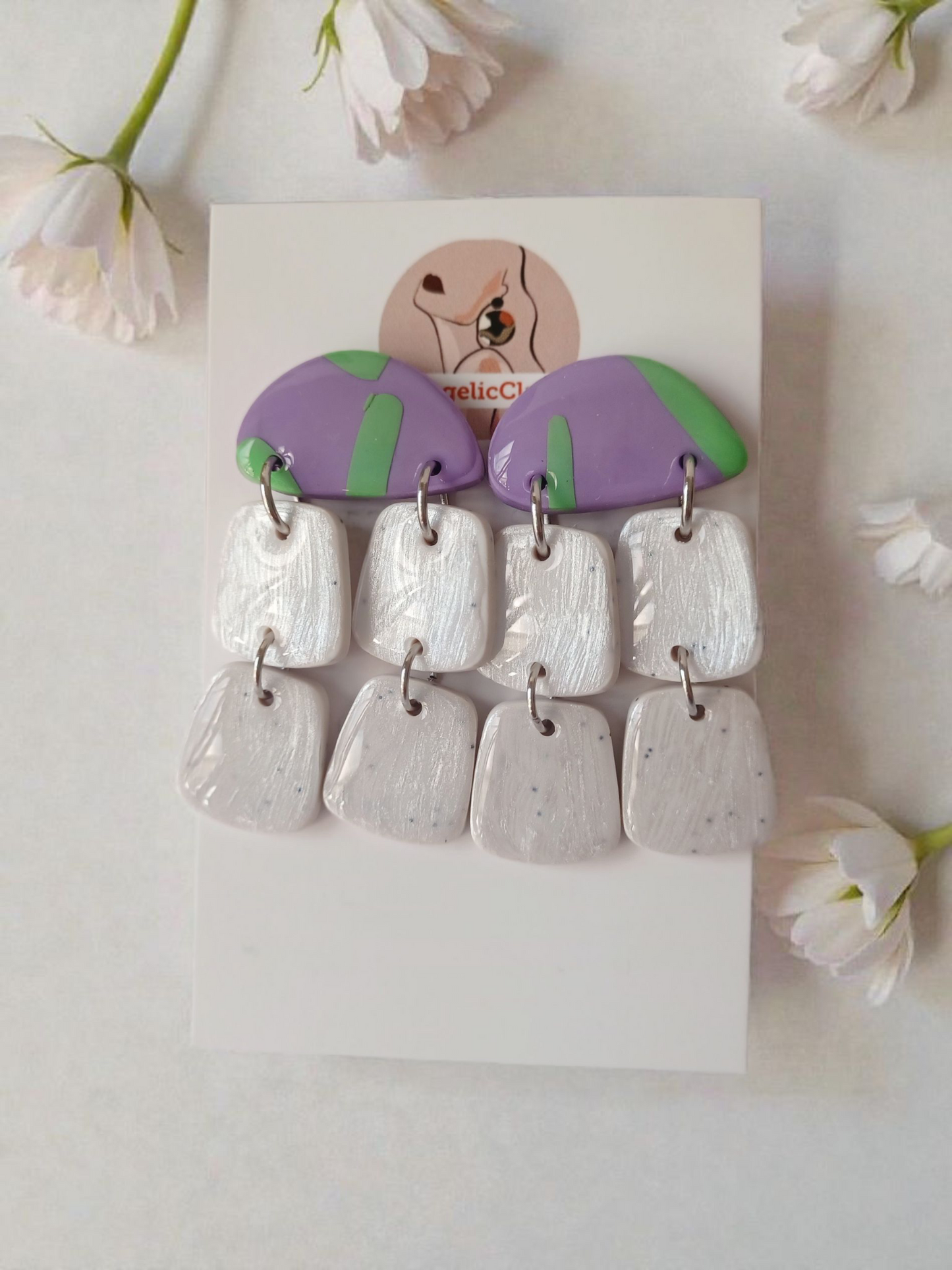 Handmade Polymer Clay Earrings | Purple Green White Multi Drop Statement Dangles | Resin Coated