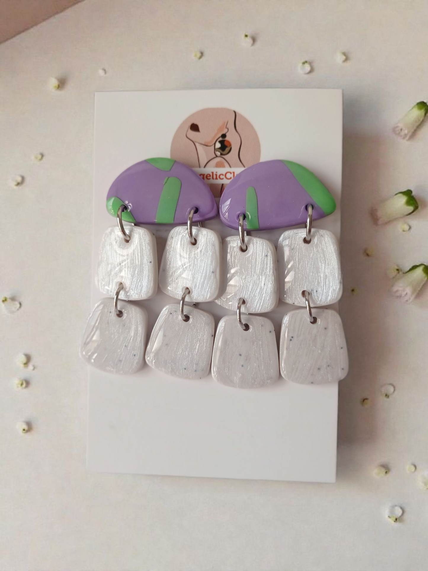 Handmade Polymer Clay Earrings | Purple Green White Multi Drop Statement Dangles | Resin Coated