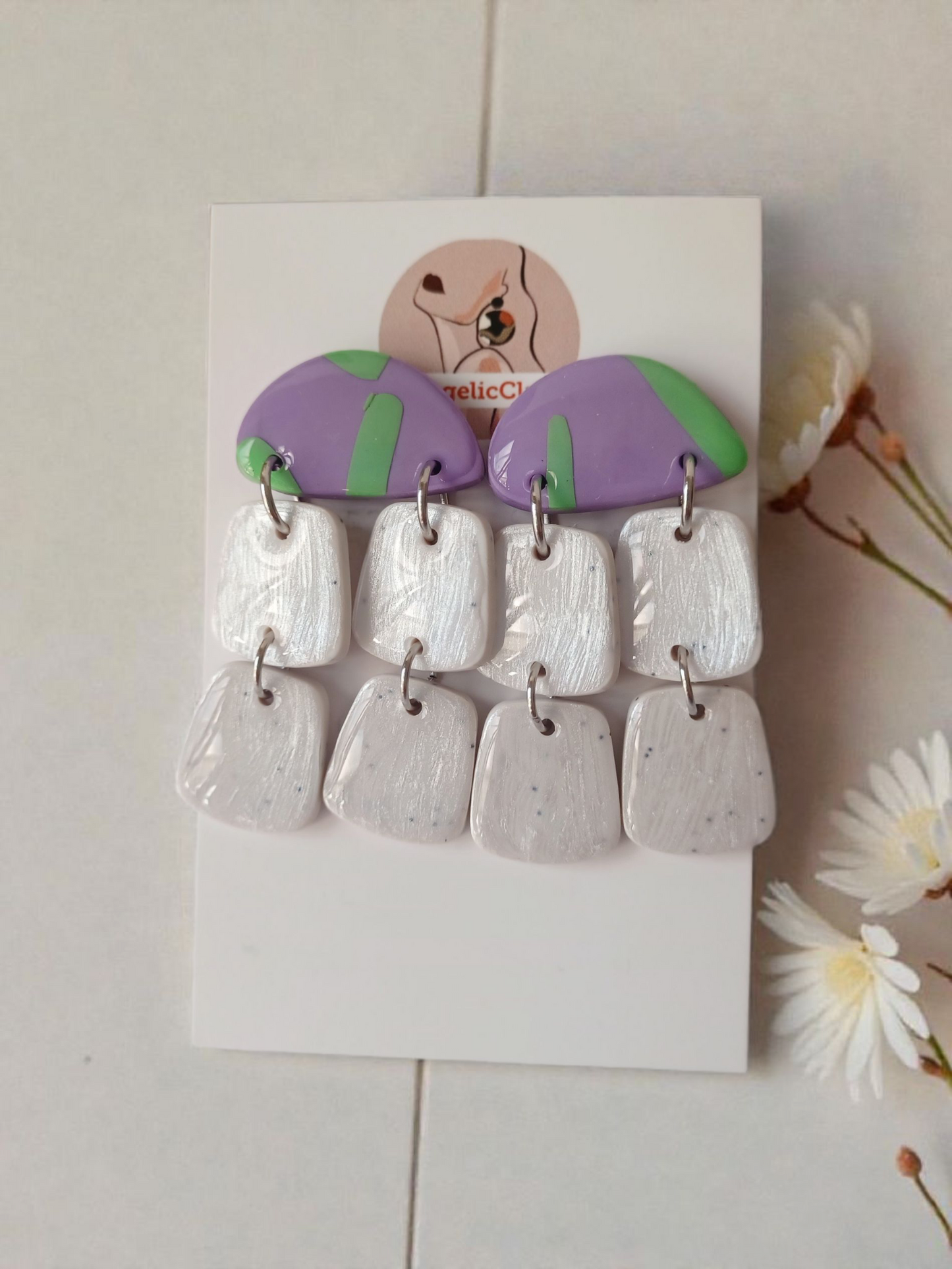 Handmade Polymer Clay Earrings | Purple Green White Multi Drop Statement Dangles | Resin Coated