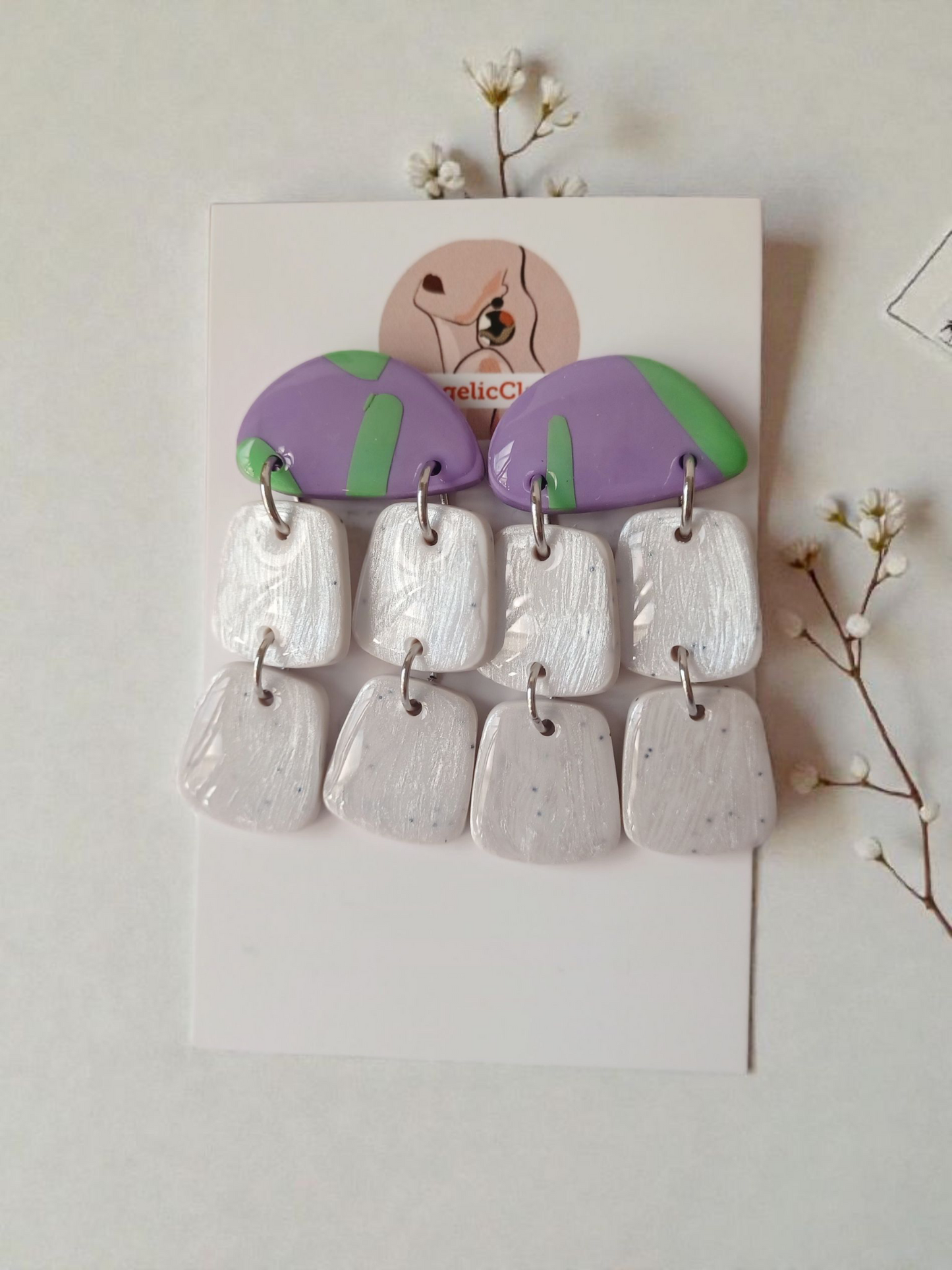 Handmade Polymer Clay Earrings | Purple Green White Multi Drop Statement Dangles | Resin Coated