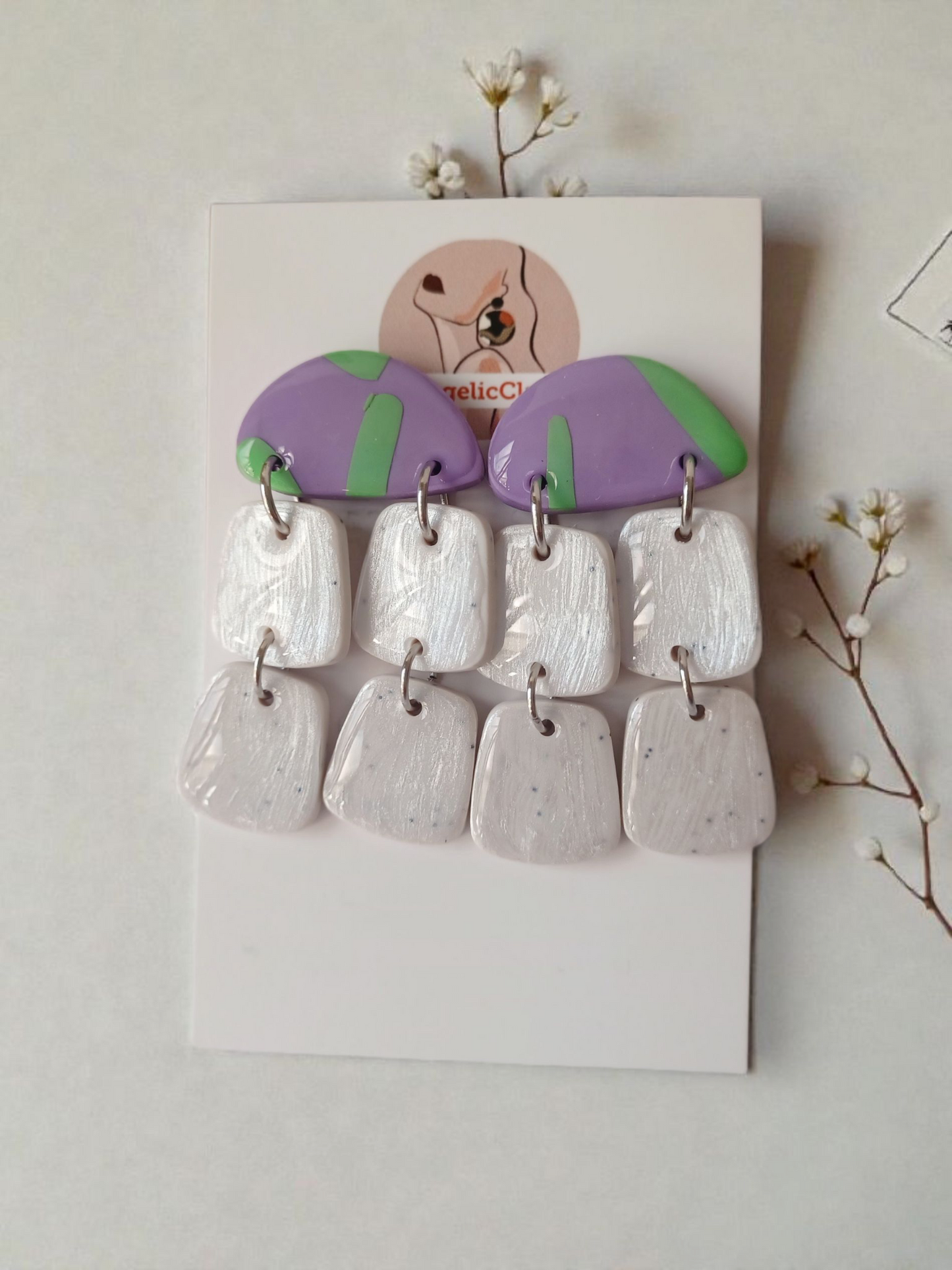 Handmade Polymer Clay Earrings | Purple Green White Multi Drop Statement Dangles | Resin Coated
