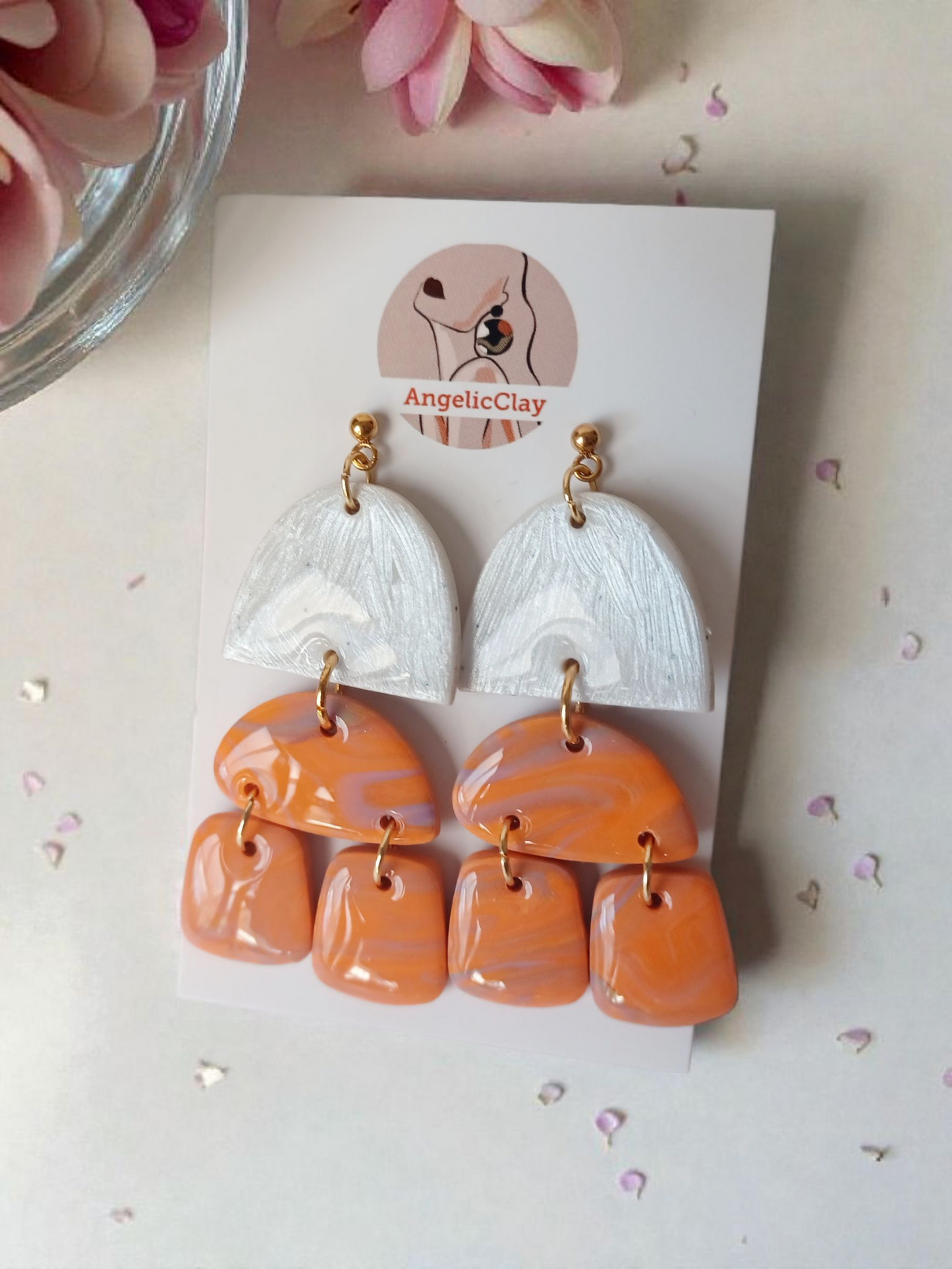 Handmade Polymer Clay Earrings | White Silver Texture & Orange Marbled Multi Drops | Resin Statement Jewelry