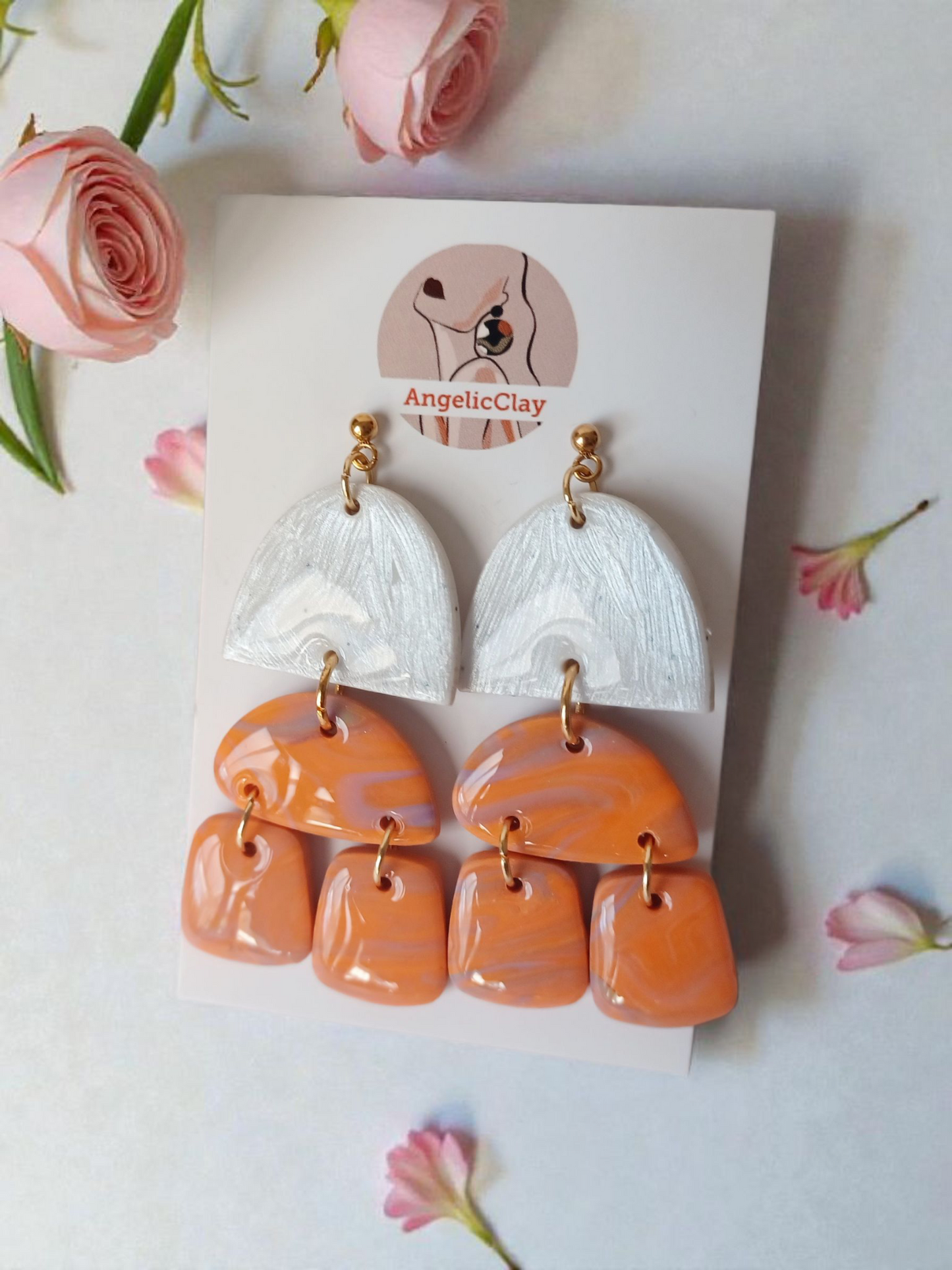 Handmade Polymer Clay Earrings | White Silver Texture & Orange Marbled Multi Drops | Resin Statement Jewelry