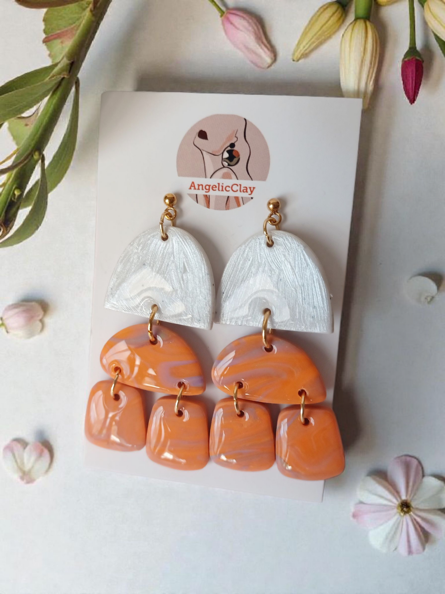 Handmade Polymer Clay Earrings | White Silver Texture & Orange Marbled Multi Drops | Resin Statement Jewelry