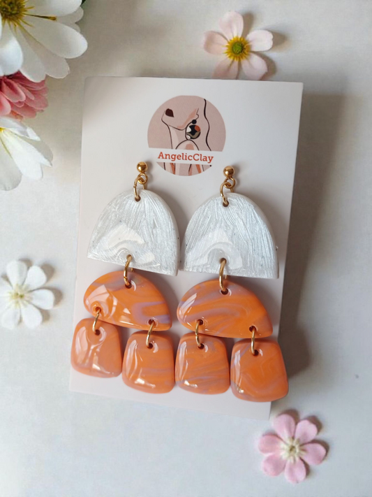 Handmade Polymer Clay Earrings | White Silver Texture & Orange Marbled Multi Drops | Resin Statement Jewelry