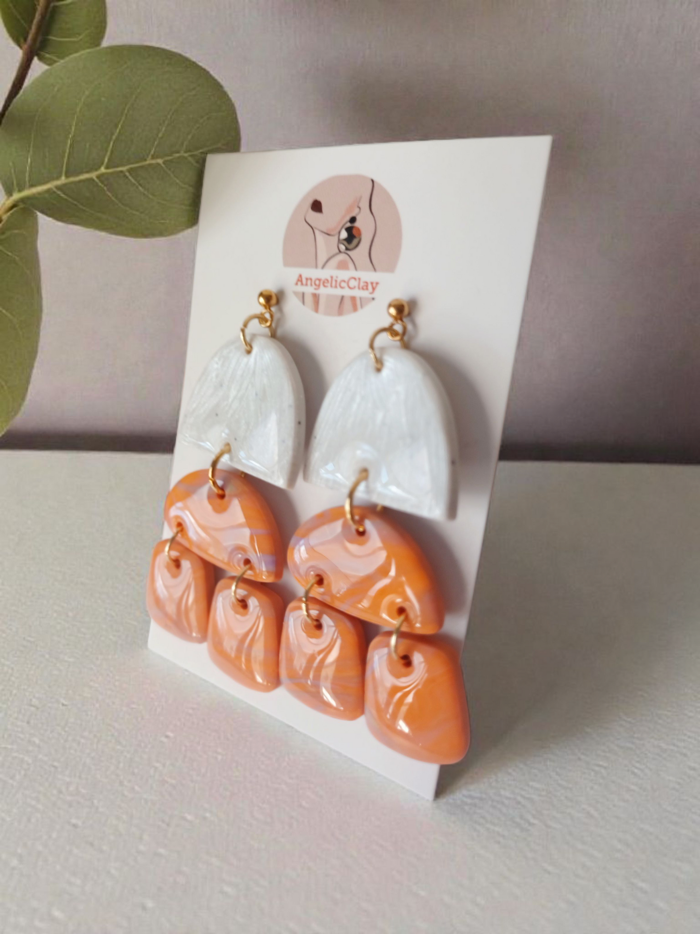 Handmade Polymer Clay Earrings | White Silver Texture & Orange Marbled Multi Drops | Resin Statement Jewelry