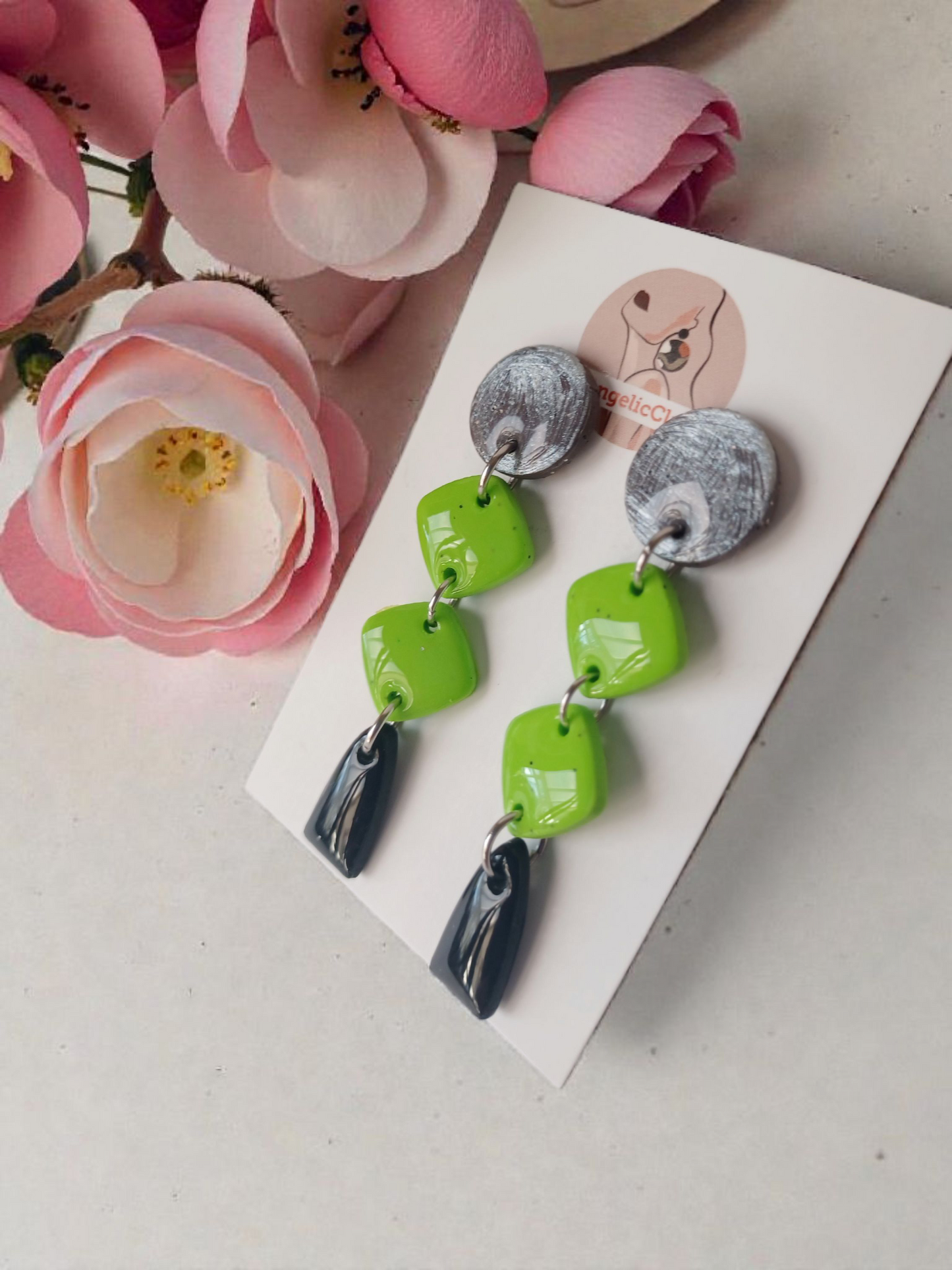 Handmade Polymer Clay Earrings | Silver Texture, Lime Green Diamonds & Black Drops | Geometric Statement Dangles