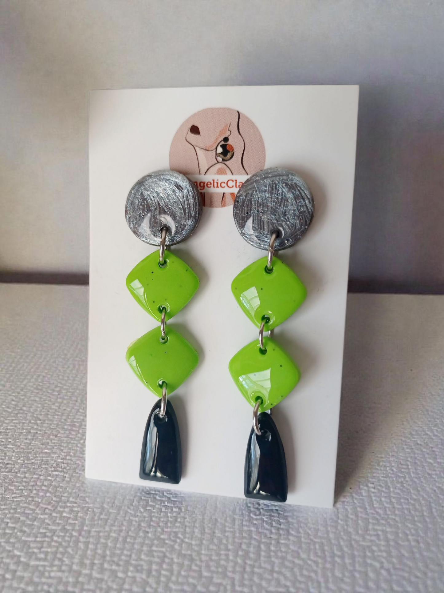 Handmade Polymer Clay Earrings | Silver Texture, Lime Green Diamonds & Black Drops | Geometric Statement Dangles