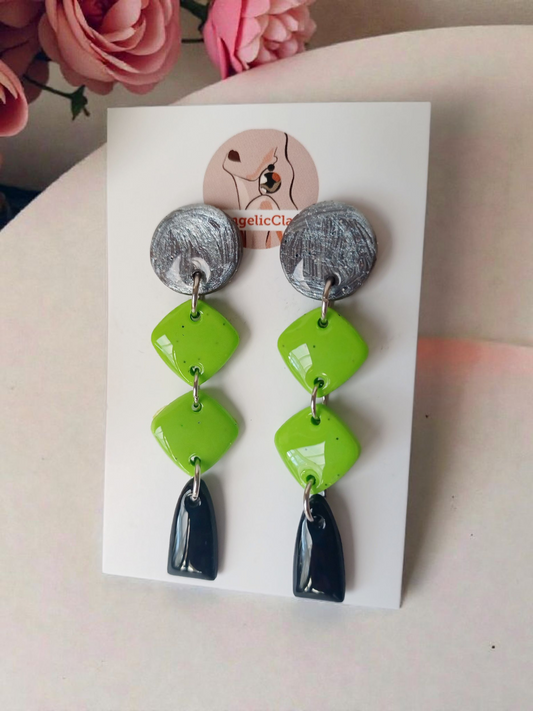 Handmade Polymer Clay Earrings | Silver Texture, Lime Green Diamonds & Black Drops | Geometric Statement Dangles
