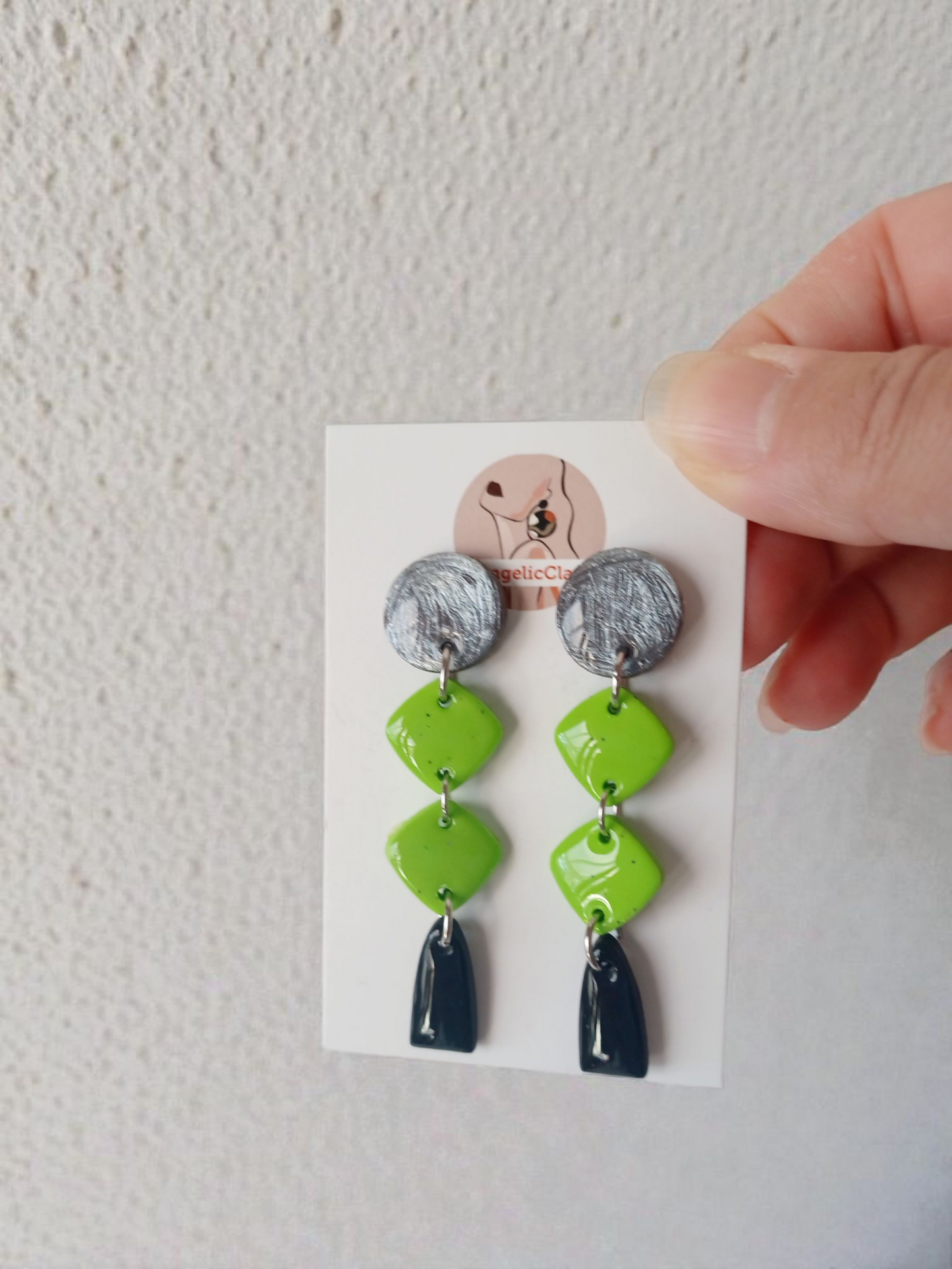Handmade Polymer Clay Earrings | Silver Texture, Lime Green Diamonds & Black Drops | Geometric Statement Dangles