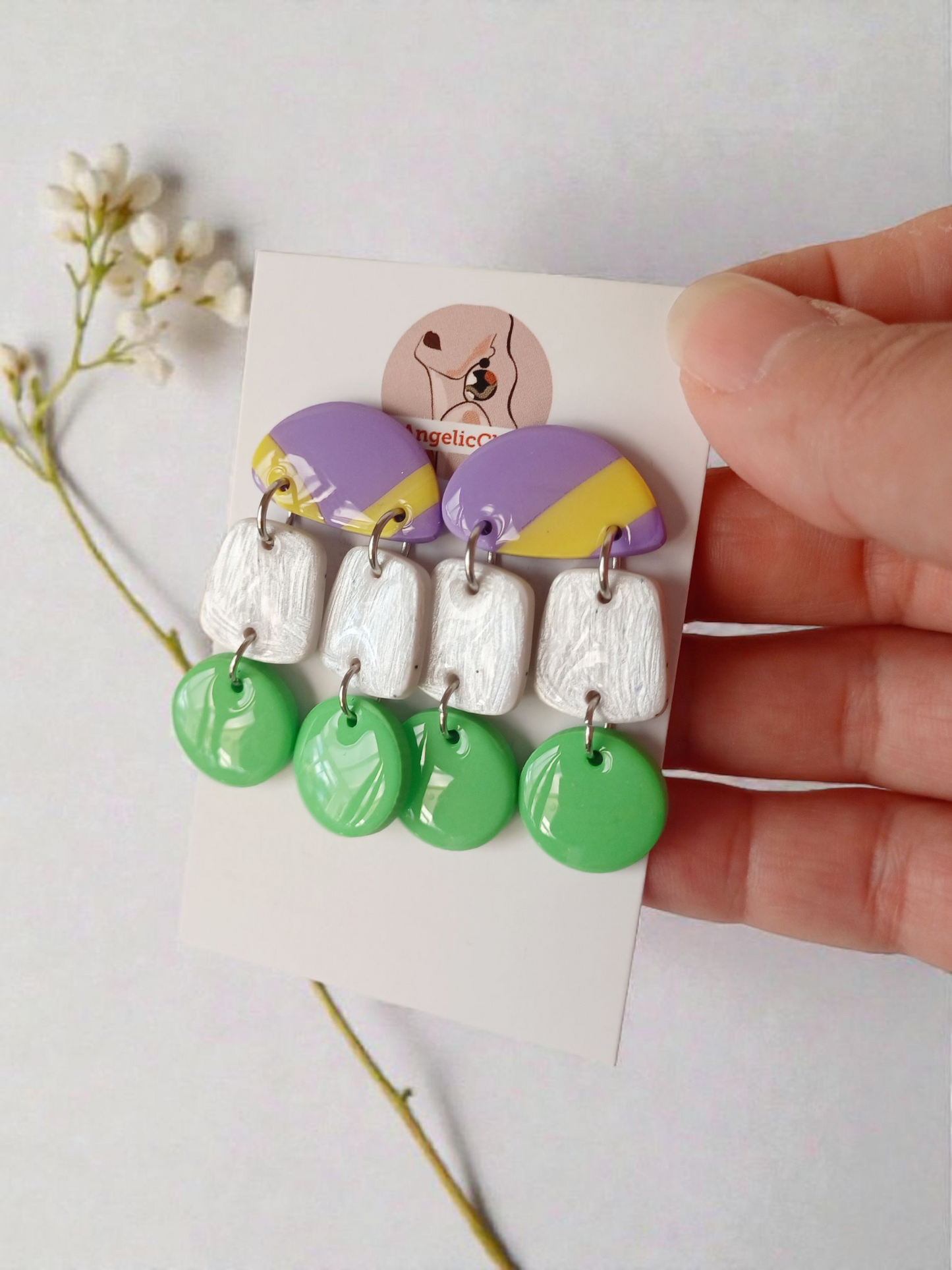 Handmade Polymer Clay Earrings | Purple Yellow Green Multi Drop Statement Dangles | Resin Gloss Finish