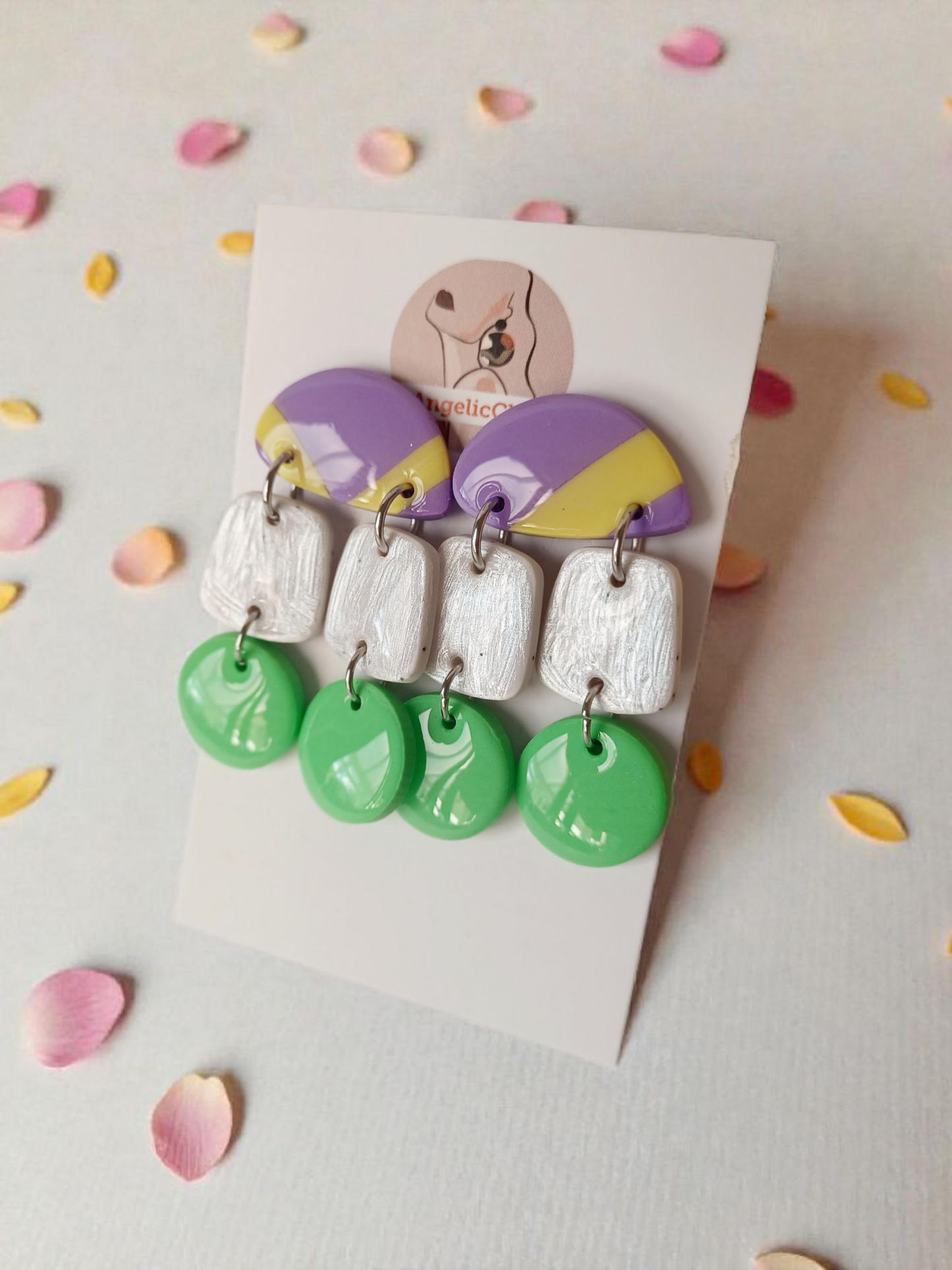 Handmade Polymer Clay Earrings | Purple Yellow Green Multi Drop Statement Dangles | Resin Gloss Finish