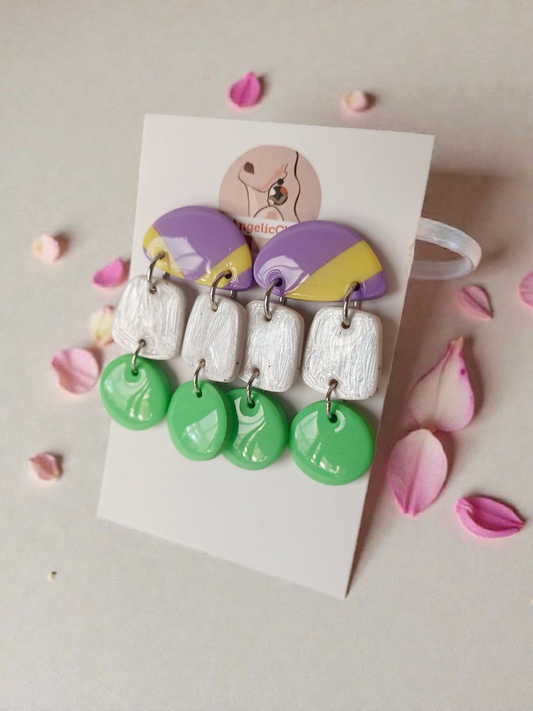 Handmade Polymer Clay Earrings | Purple Yellow Green Multi Drop Statement Dangles | Resin Gloss Finish