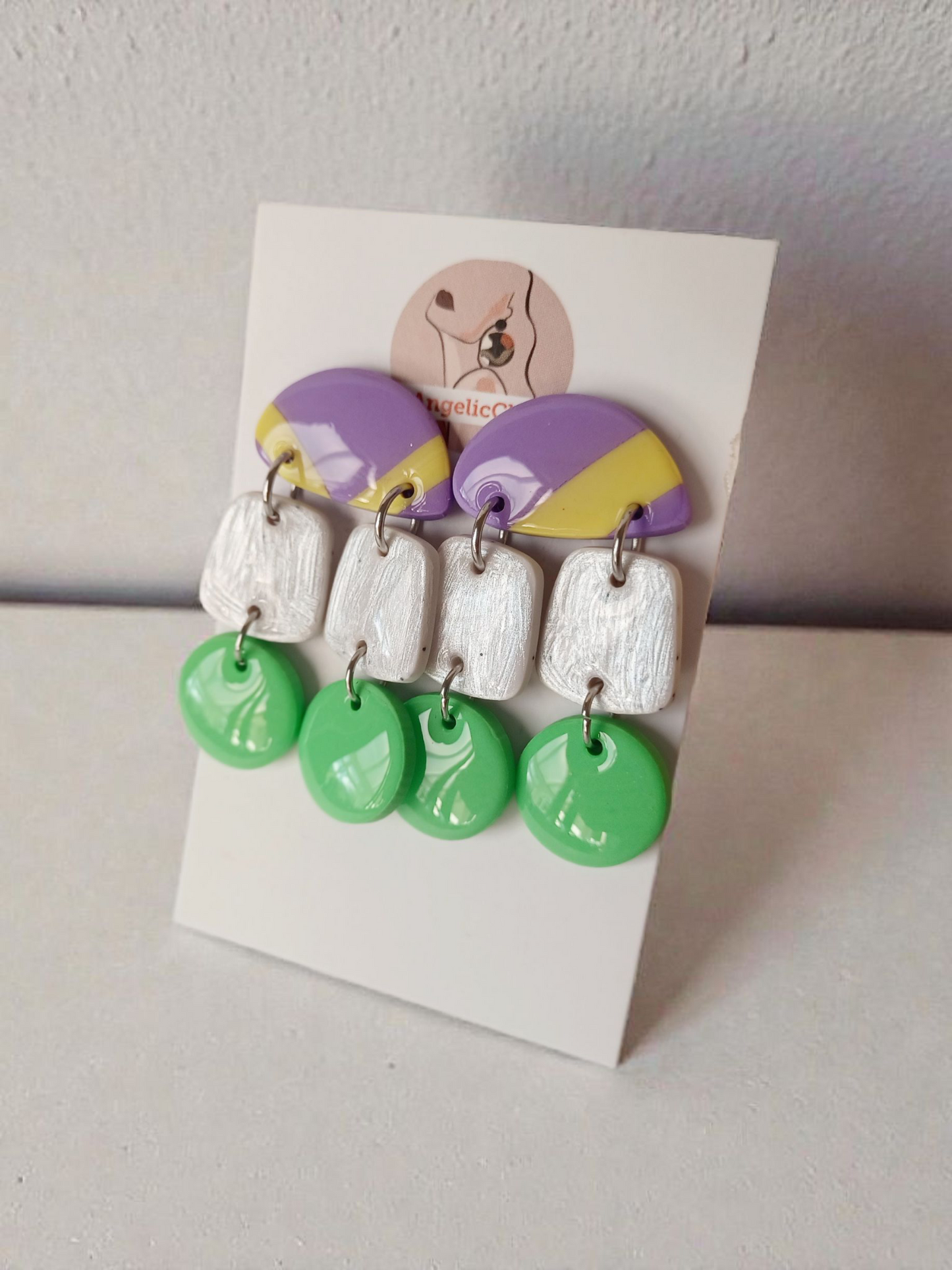 Handmade Polymer Clay Earrings | Purple Yellow Green Multi Drop Statement Dangles | Resin Gloss Finish