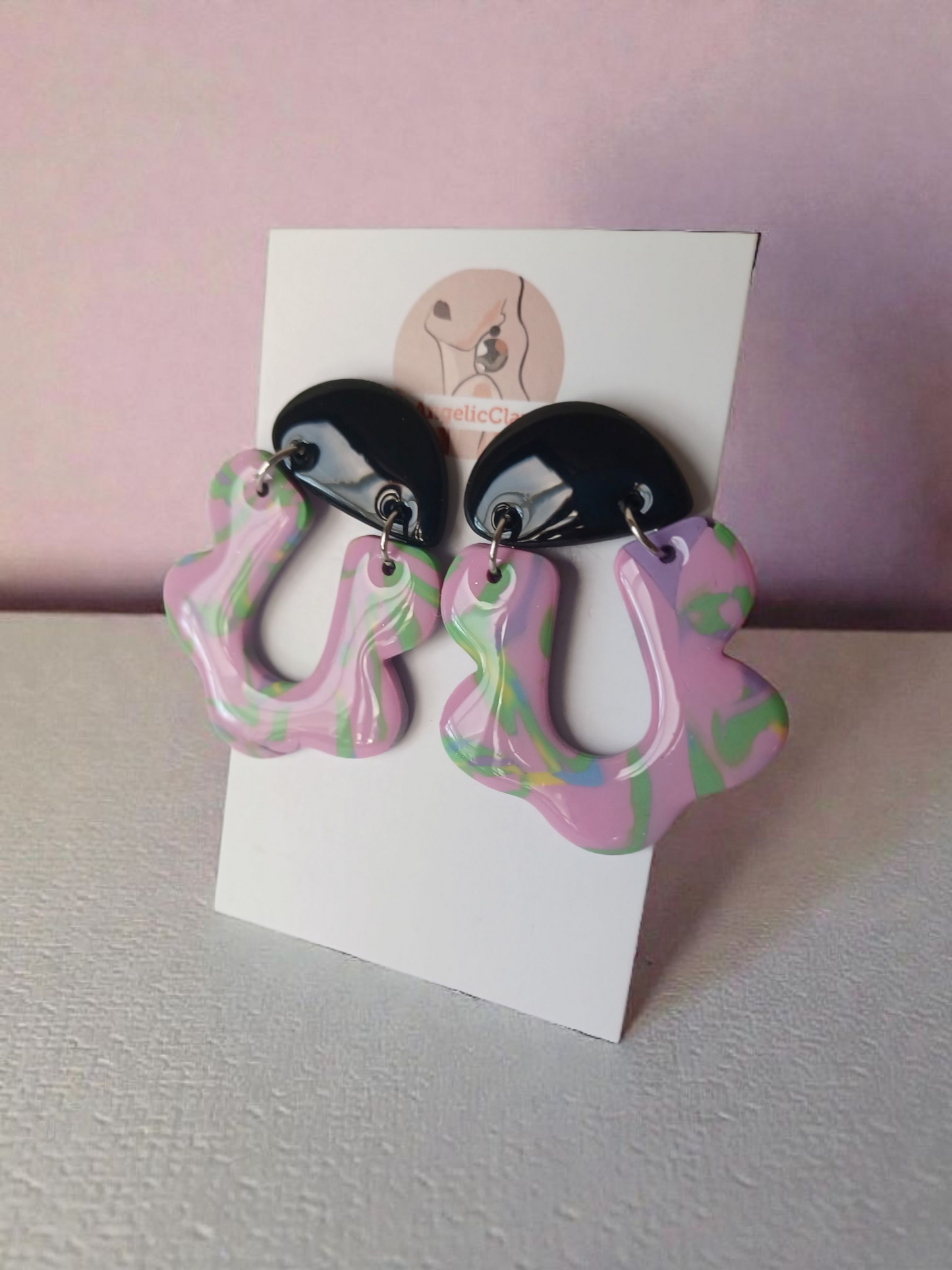 Handmade Polymer Clay Earrings | Black Top Pastel Abstract Dangles | Resin Statement Jewelry