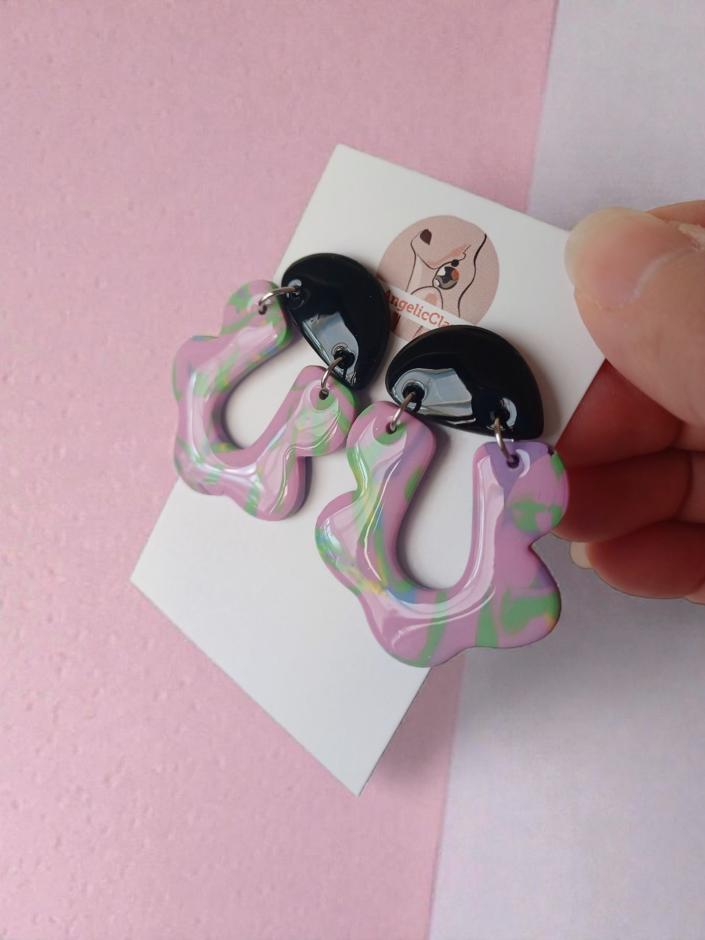 Handmade Polymer Clay Earrings | Black Top Pastel Abstract Dangles | Resin Statement Jewelry